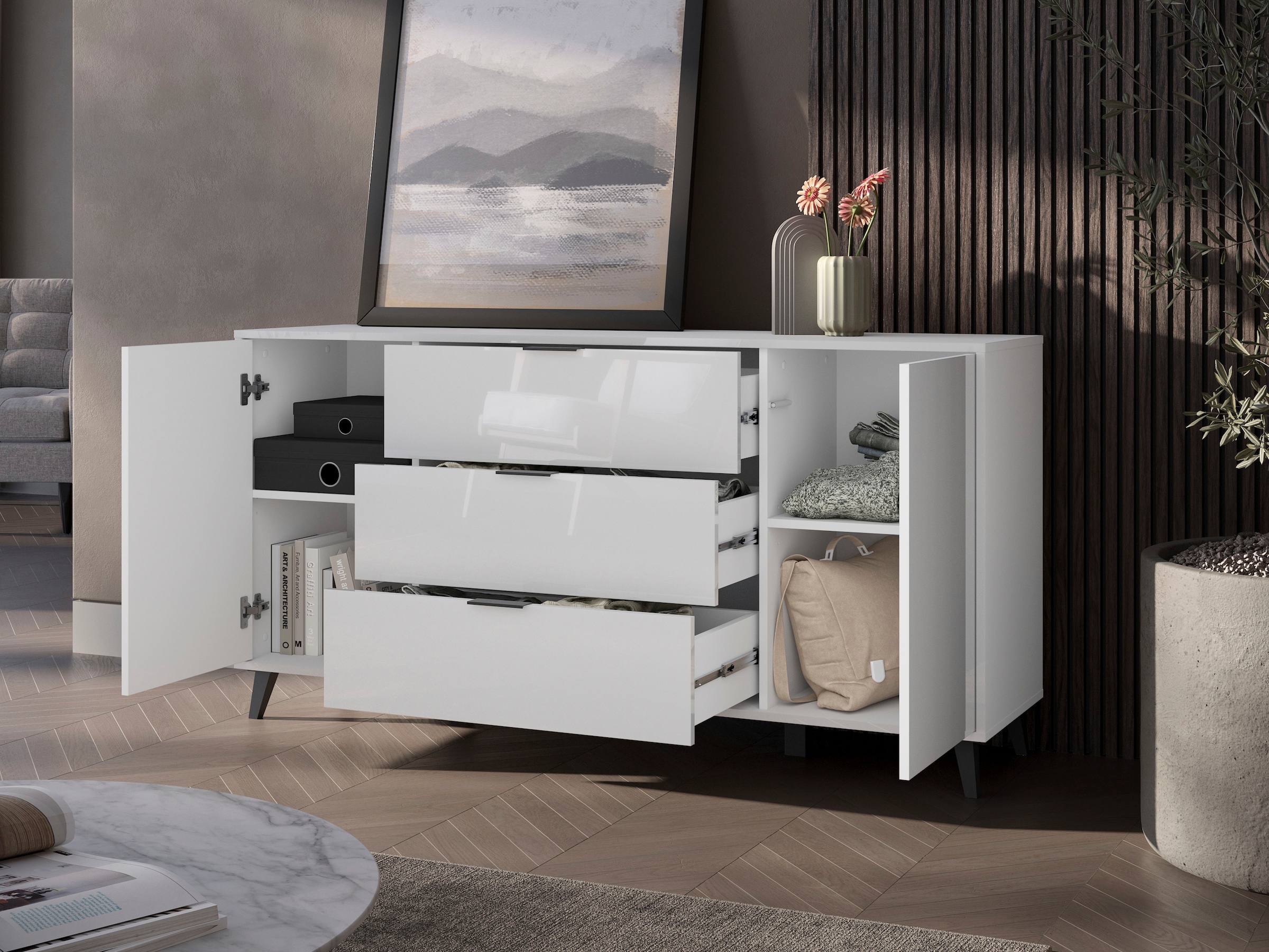 GOODproduct Buffet »Oslo, B/H/T: 150/76/39,5 cm« 3 tiroirs, 2 portes avec ouverture par pression, poignées en métal noires