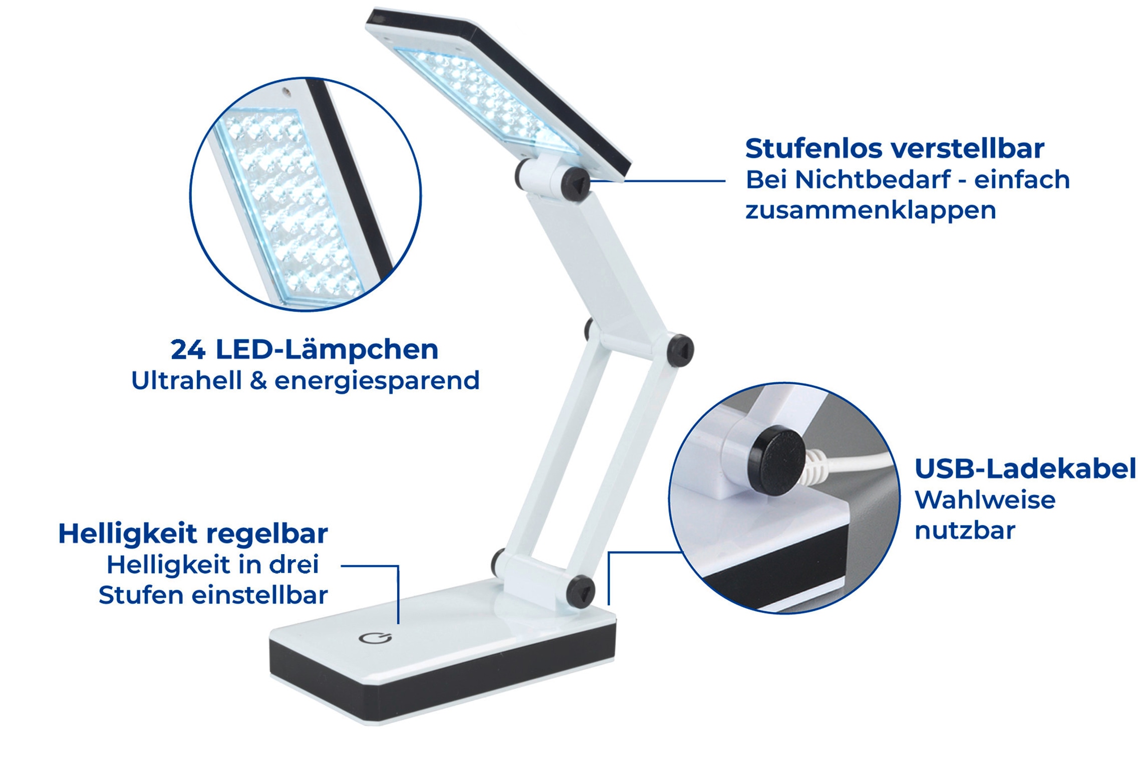 Maximex LED Schreibtischlampe »faltbar« LED-Modul 1 Stk. Neutralweiss LED Lampe, stufenlos verstellbar, USB-Port oder Batteriebetrieb
