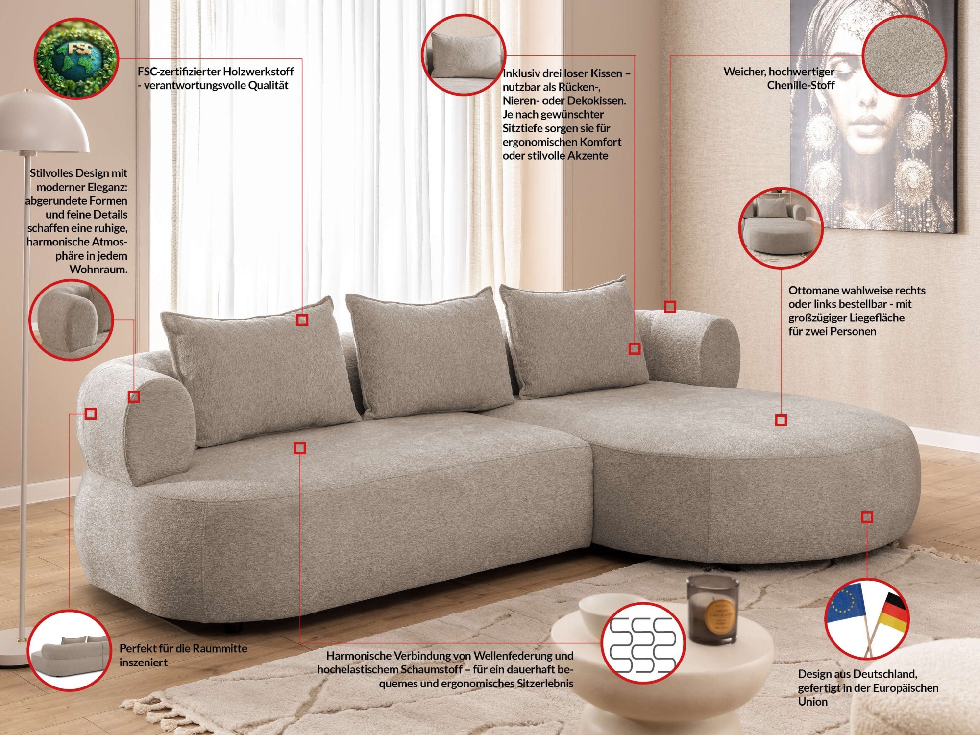 Home affaire Canapé d'angle »LUSSAC L-Form Design-Sofa mit Zierkissen, Masse B/T/H: 257/159/78 cm« grand confort d'assise et design moderne, canapé sans fonction lit