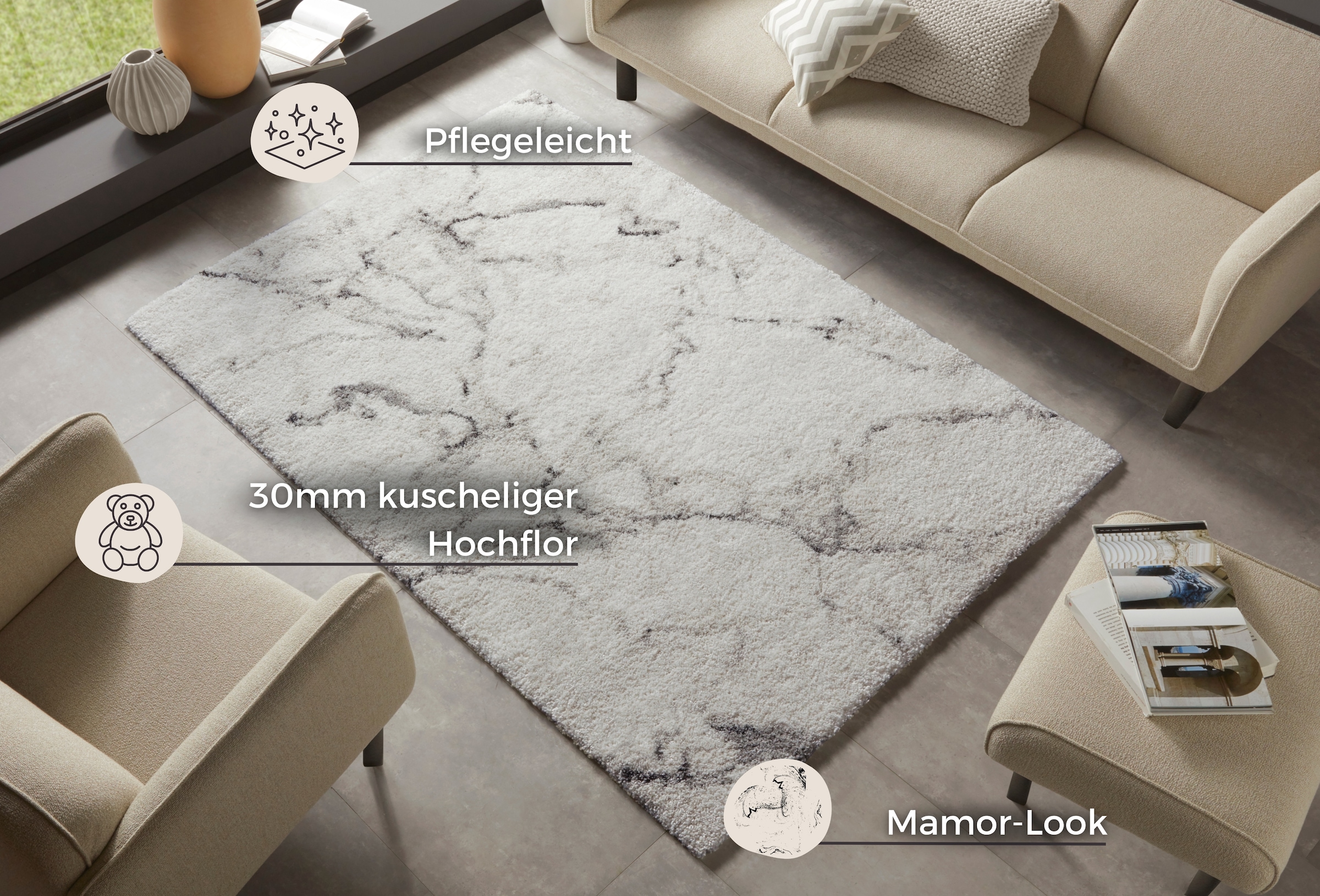 HANSE Home Hochflor-Teppich »MAYRIN« rechteckig 30 mm Höhe Hochflor, Teppich, Shaggy, Flokati, Weich, Marmor-Optik, Wohnzimmer