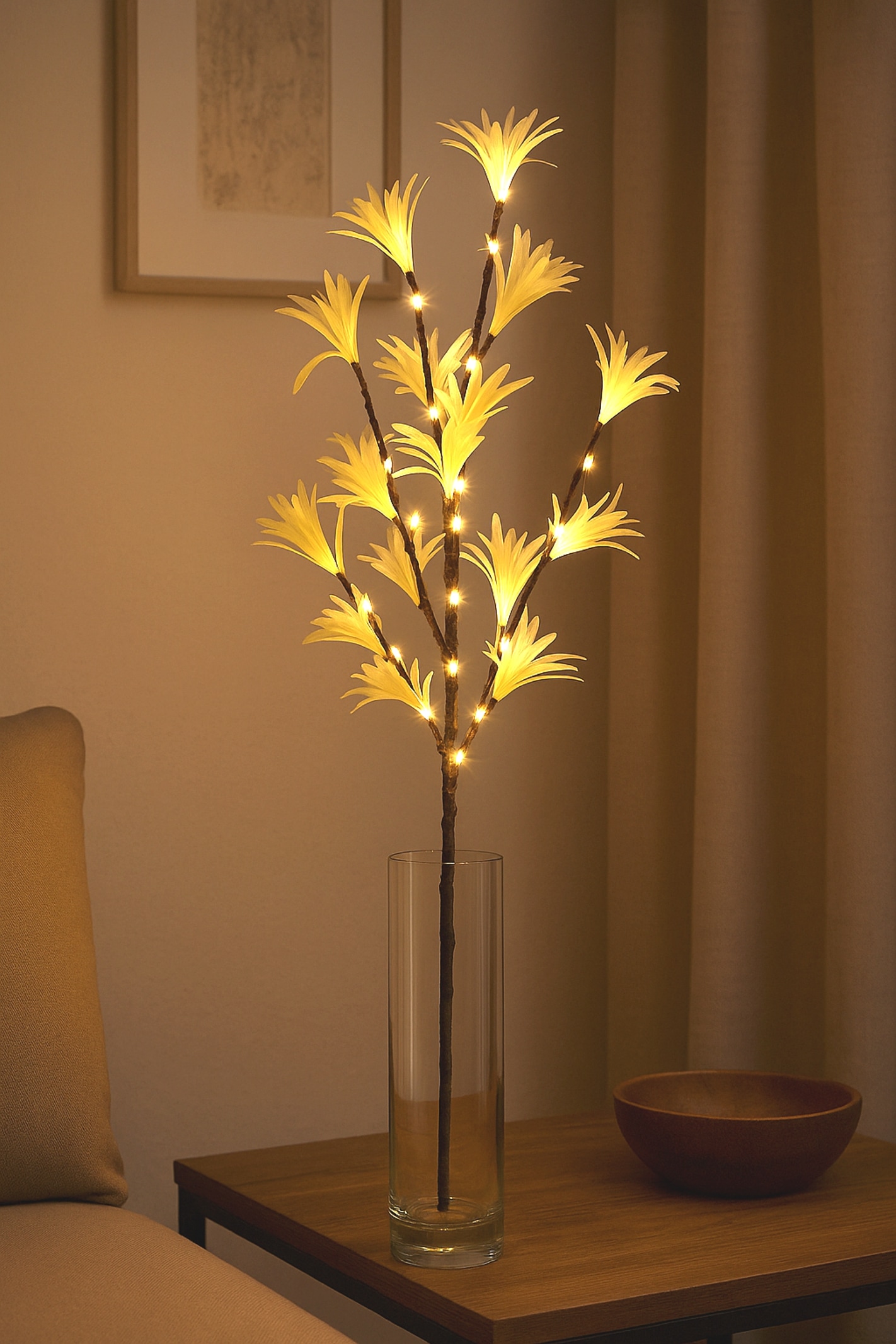 I.GE.A. Branche artistique »LED-Dekozweig« Batteriebetrieben Zweig mit Timer Warmweiss Dekoblume Kunstblume