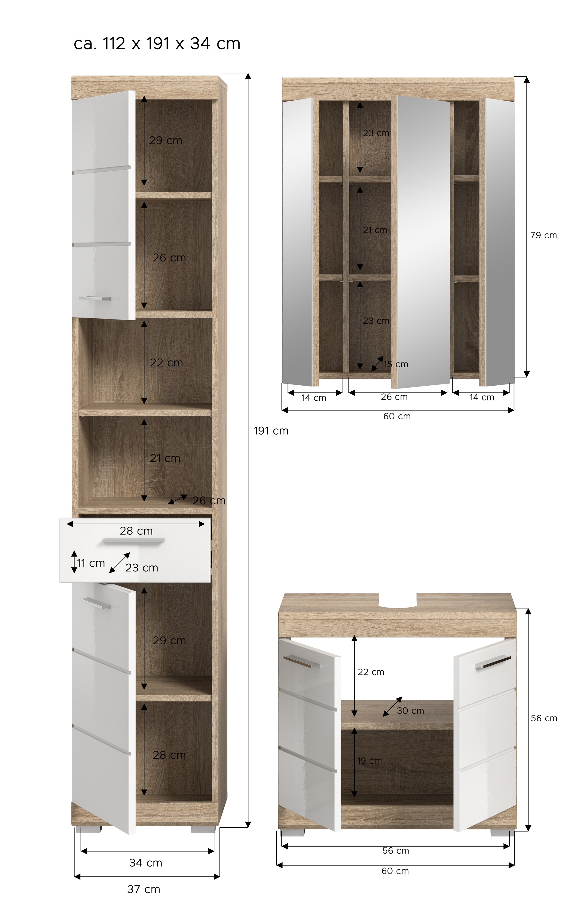 welltime Badmöbel-Set »Siena, 3 teilig, bestehend aus:« Set, TOPSELLER!, 3 Stk. tlg.