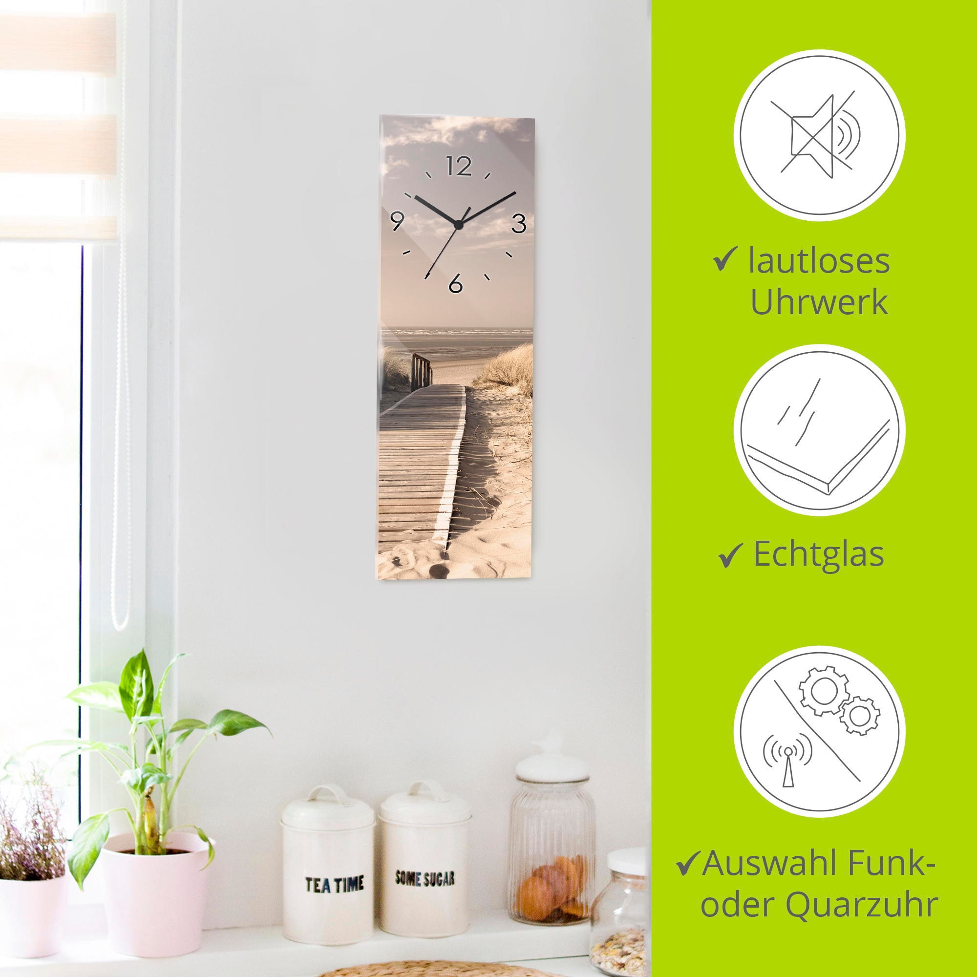 Artland Wanduhr »Nordseestrand auf Langeoog - Steg_Sepia« wahlweise mit  Quarz- oder Funkuhrwerk, lautlos ohne Tickgeräusche