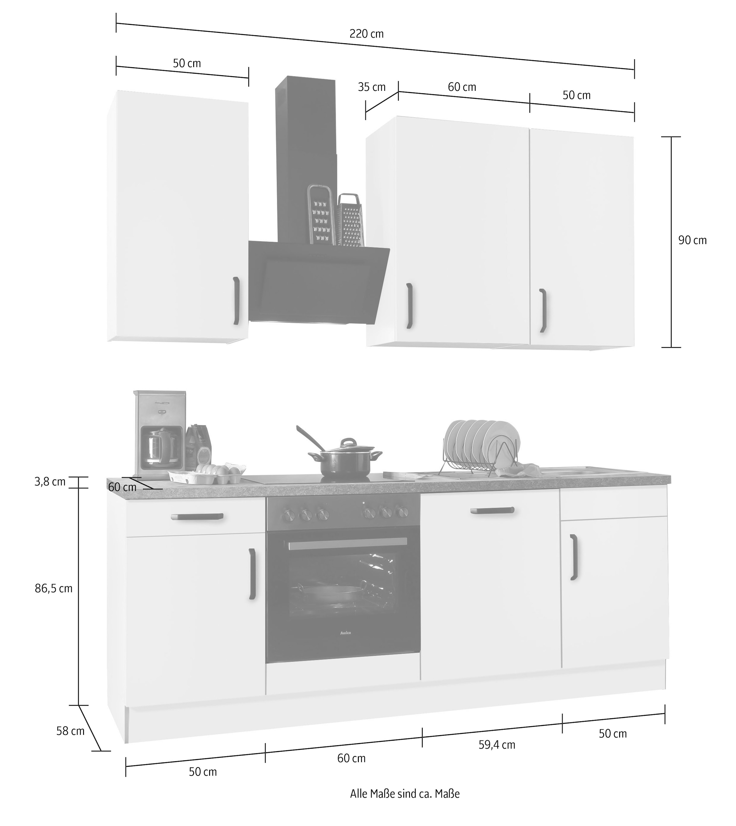 wiho Küchen Küchenzeile »"Simi", wahlweise mit E-Geräten, mit verstellbaren Füssen« Soft-Close-Funktion in Schubkästen und Auszügen, Breite 220 cm