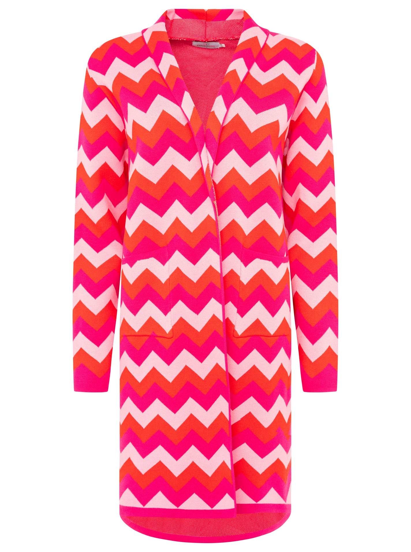 Zwillingsherz Cardigan long »"Schalkragen & ZickZack"« motif zigzag, col châle, poches, manches longues, longueur genoux