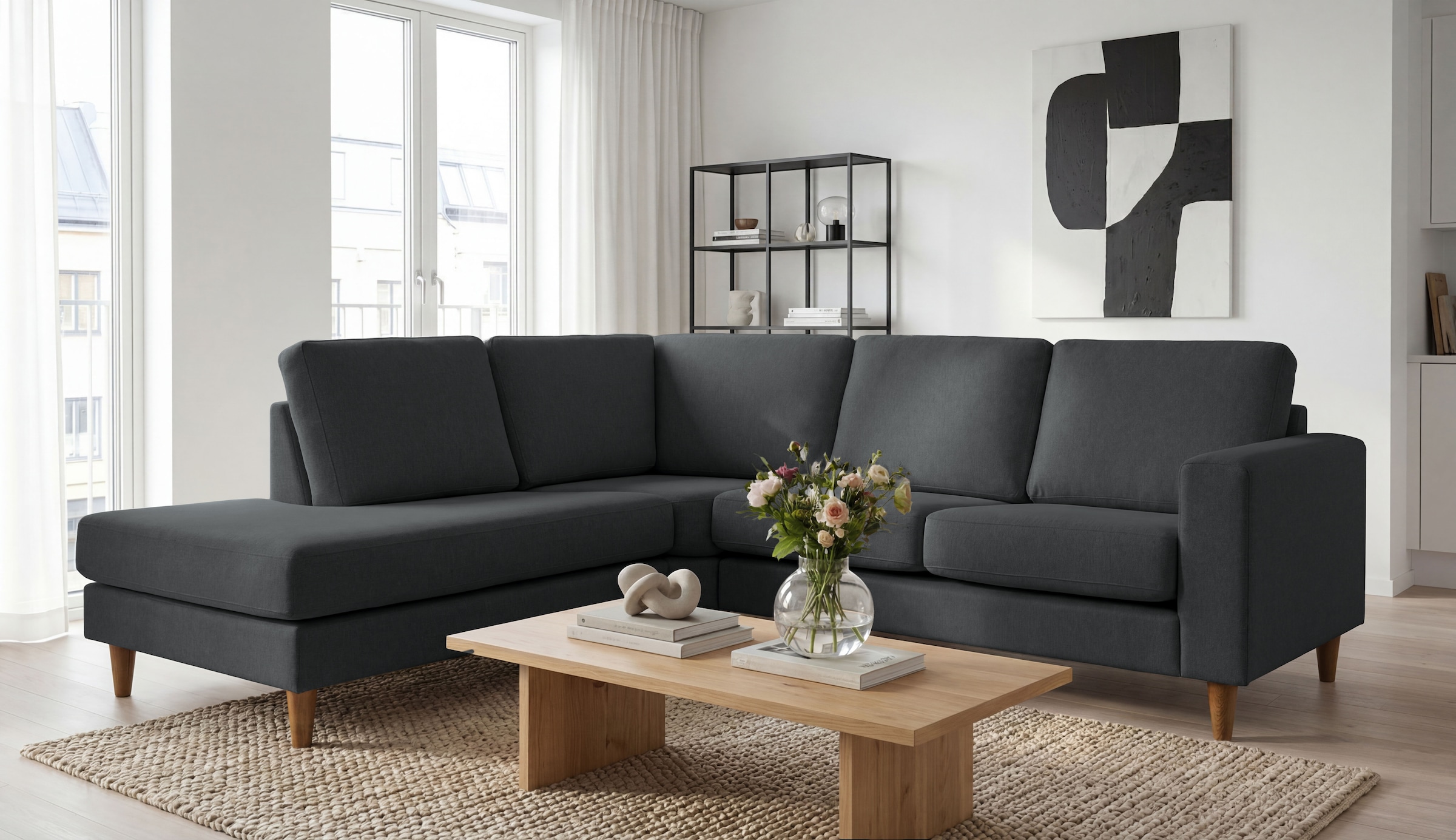 GOODproduct Canapé d'angle »Tvinno« style scandinave, forme en L, avec pieds en bois massif, largeur 230 cm