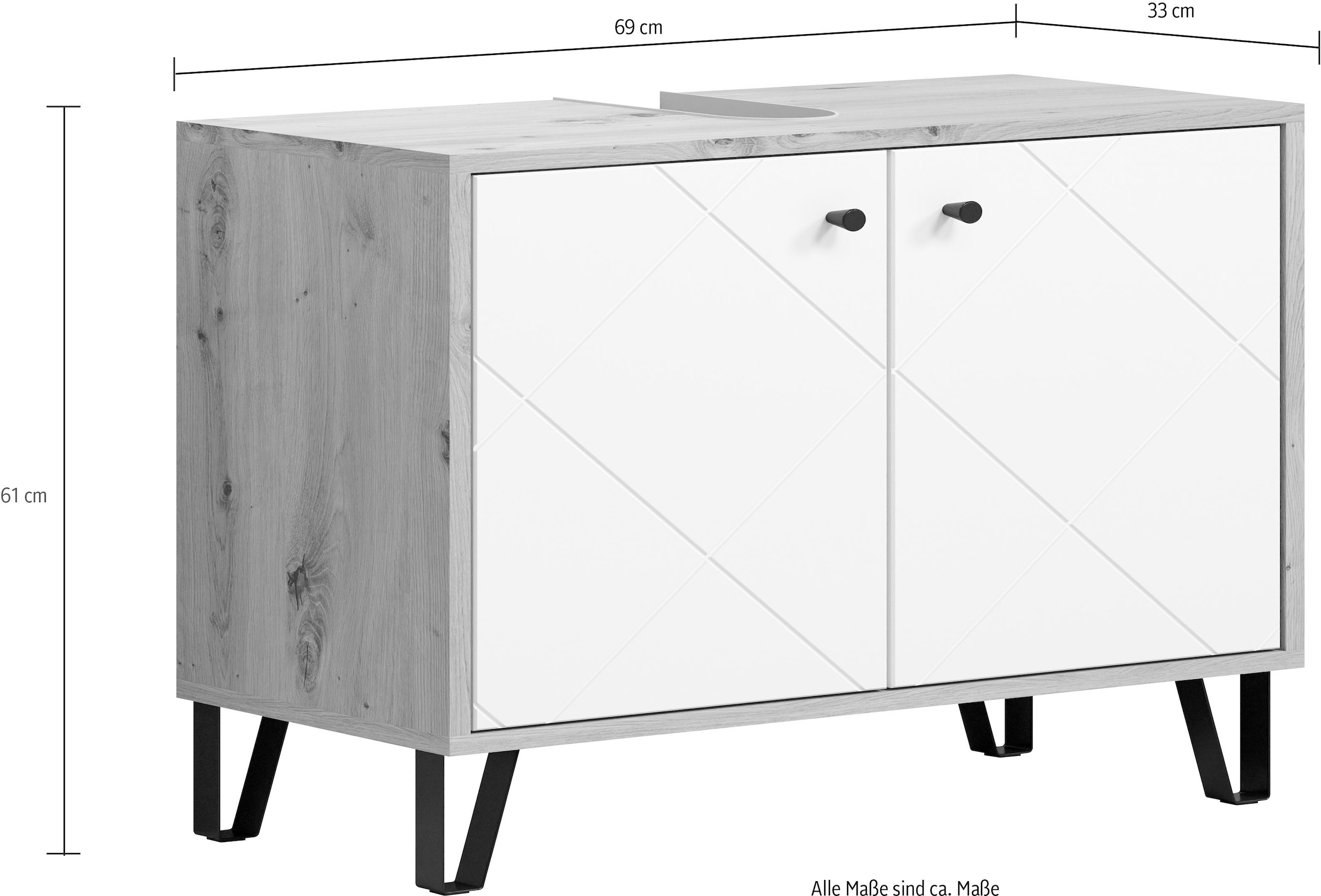 PLACES OF STYLE Armoire sous lavabo »Tarragona« 1 cuis tlg. Meuble sous-vasque avec 2 portes - (L/P/H) 69/32/61 cm