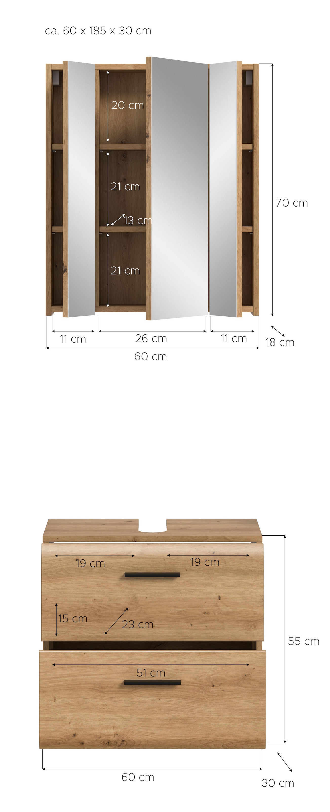 welltime Badmöbel-Set »FLORENZ,  2-teilige Badkombination, hochwertige MDF-Front« Set, bestehend aus: 1 Waschbeckenunterschrank, 1 Spiegelschrank, 2 Stk. tlg.