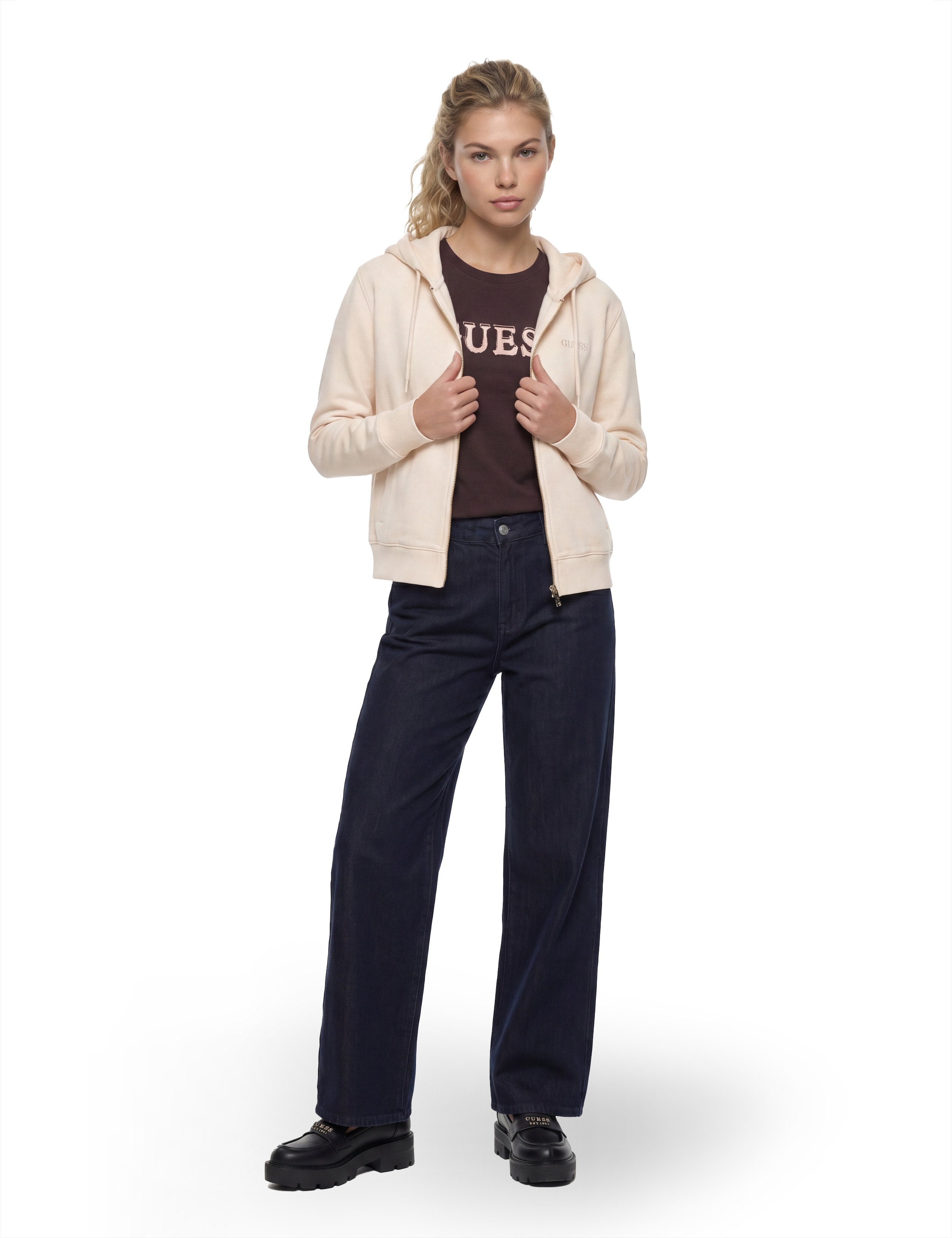 Guess Sweat à capuche »SOFIA ZIPPER SWEATSHIRT« avec broderie de logo, mélange de coton