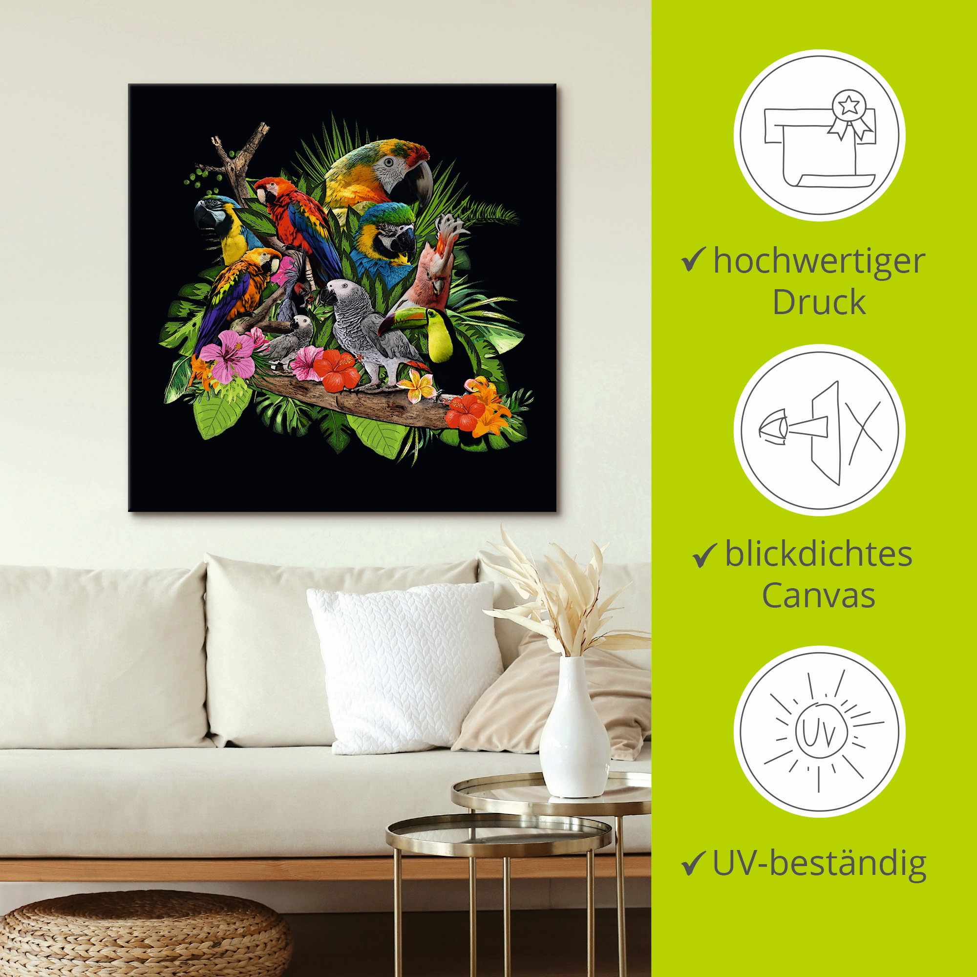 Artland Leinwandbild »Papageien Graupapagei Kakadu Dschungel« Vögel 1 Stk. tlg. auf Holzrahmen gespannt