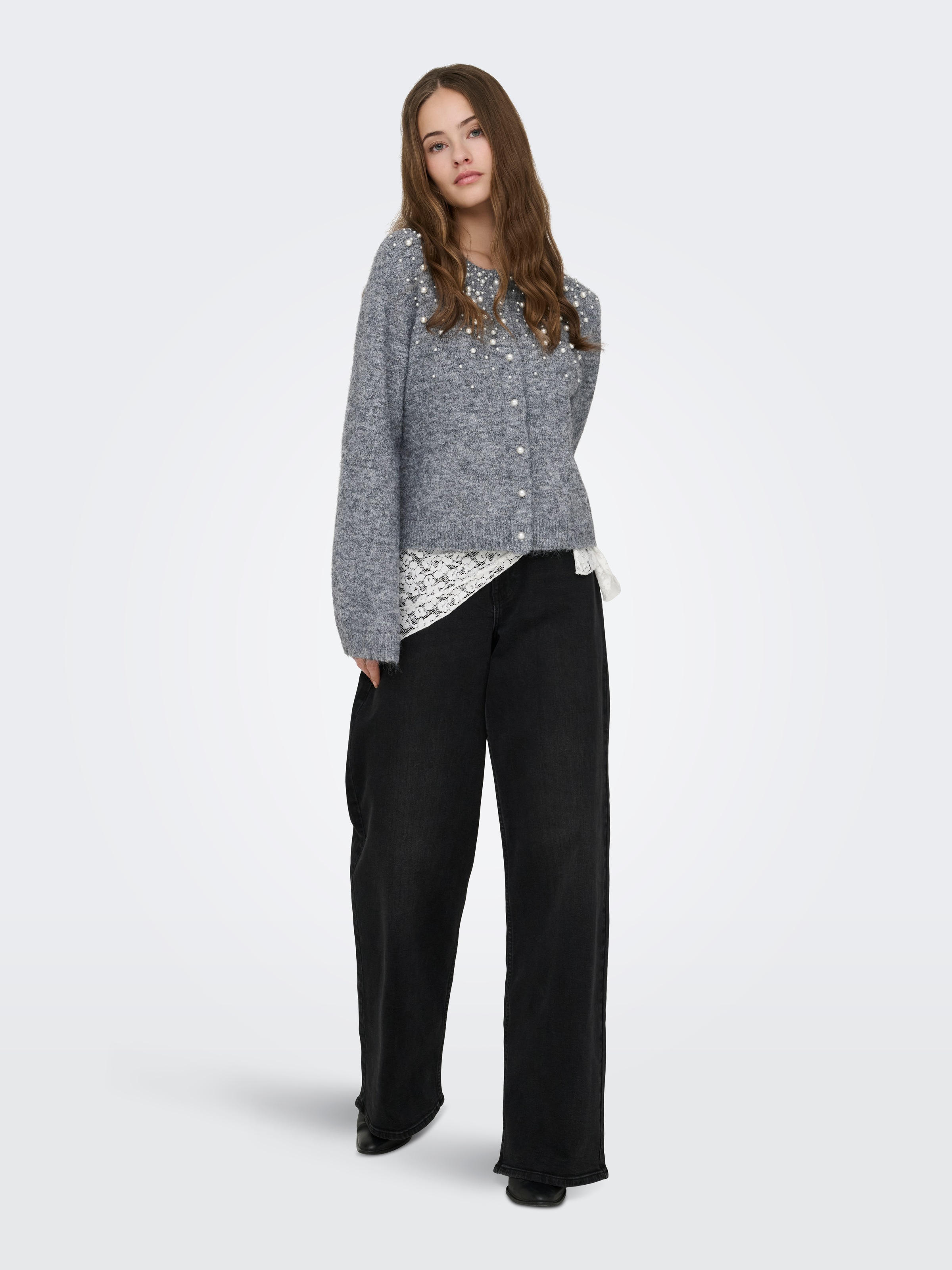 ONLY Veste en tricot »ONLMIGGIE LS O-NECK PEARL CARDIGA EX KNT« Materialmix, regular fit