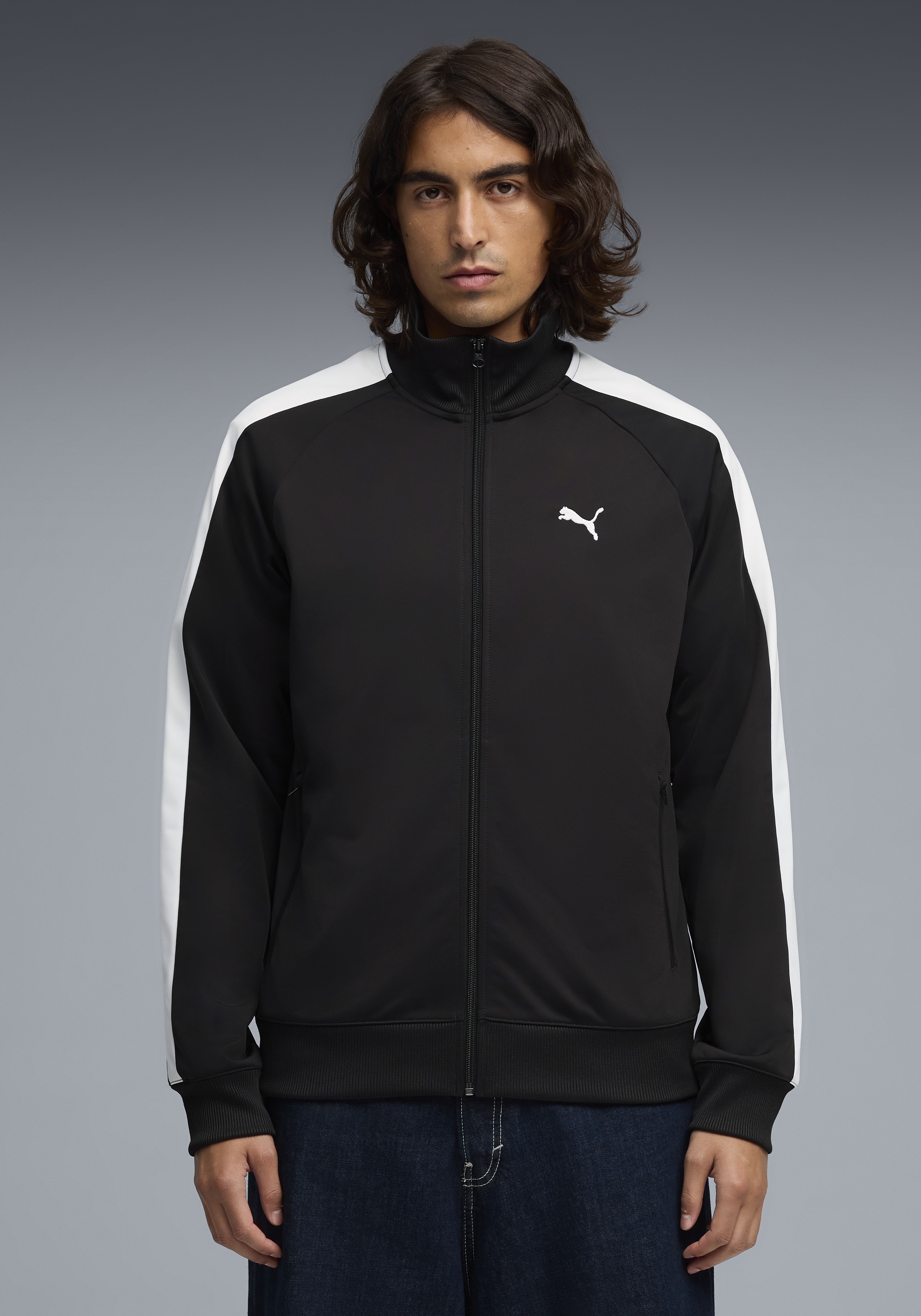 PUMA Trainingsjacke »T7 FOUNDATION POLY TRACK JACKET« ohne Kapuze mit Stehkragen, mit Reissverschlusstaschen, Regular Fit