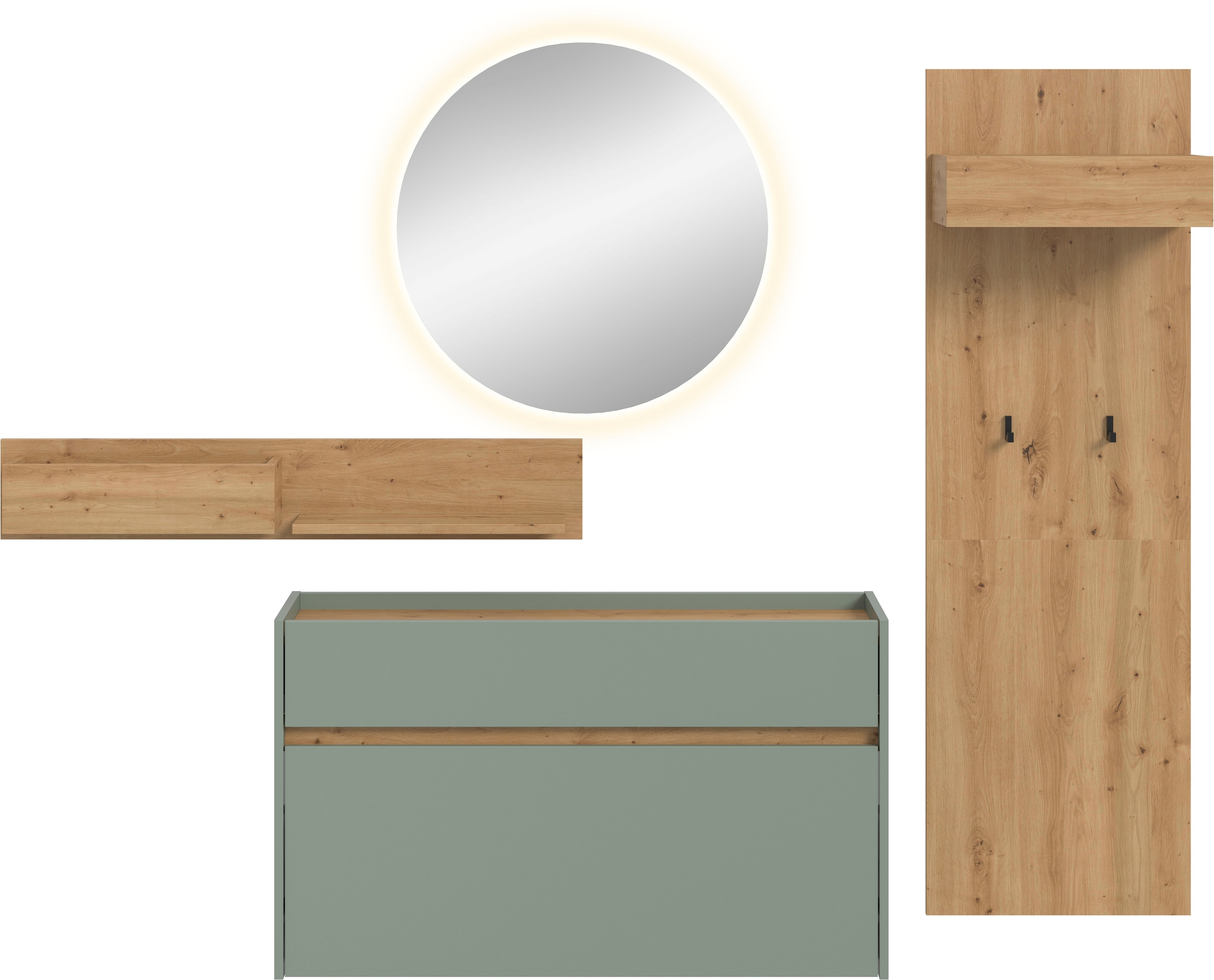 Home affaire Garderoben-Set »EVRID, 4-teilig, Breite 205 cm, inkl. Beleuchtung« best. aus: Wandboard, Kommode, Spiegel, Garderobenpaneel, 4 Stk. tlg.