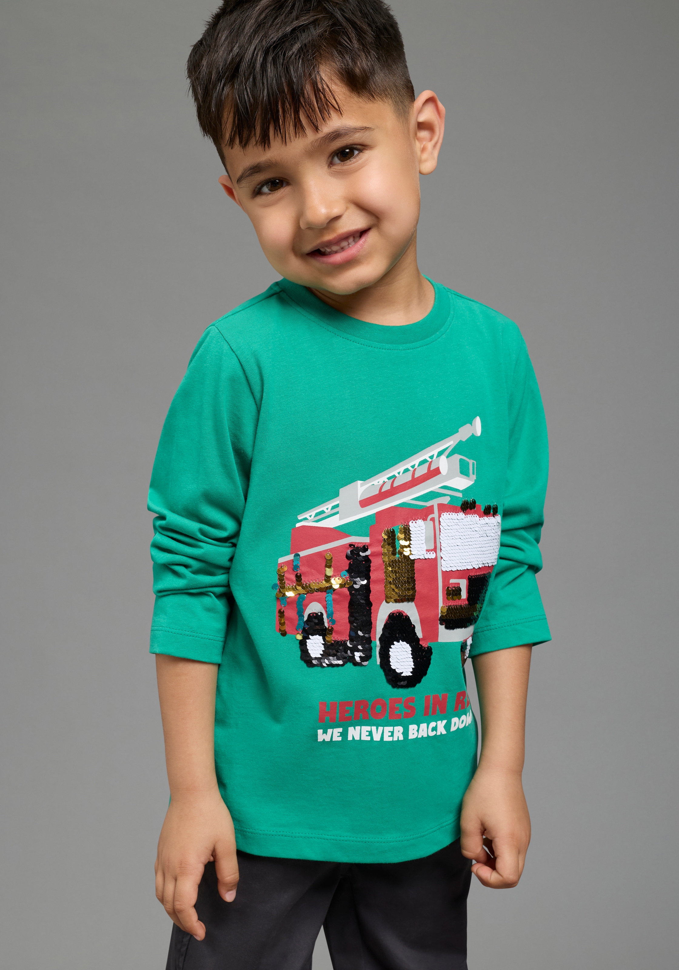 KIDSWORLD Langarmshirt »Feuerwehr Pailletten Shirt« Feuerwehr Druck mit Pailletten