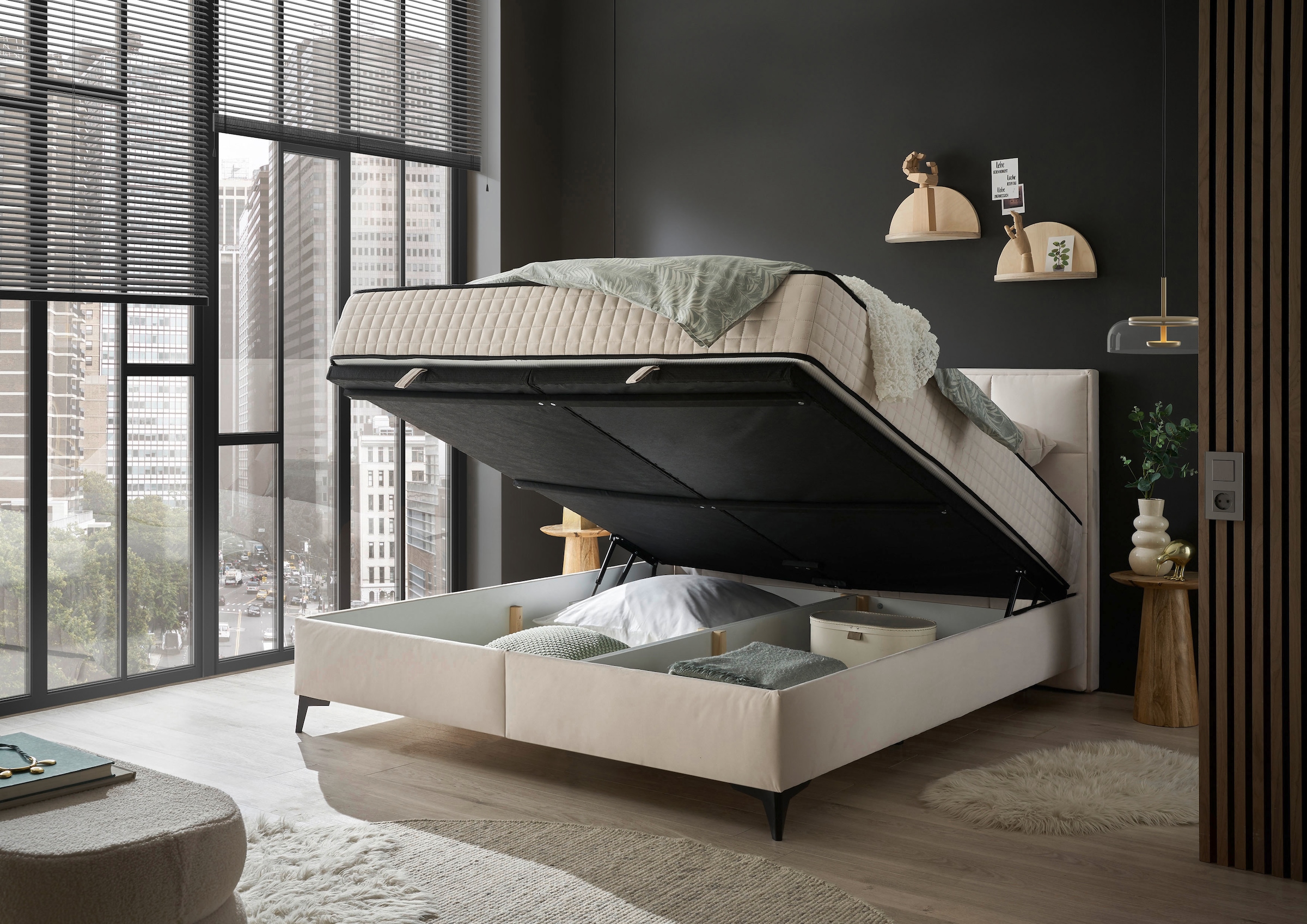 ED EXCITING DESIGN Lit de boxe »Monroe inkl. Bettkasten, erhältlich in den Breiten 160cm & 180cm« matelas duo - côté ferme avec natte de coco