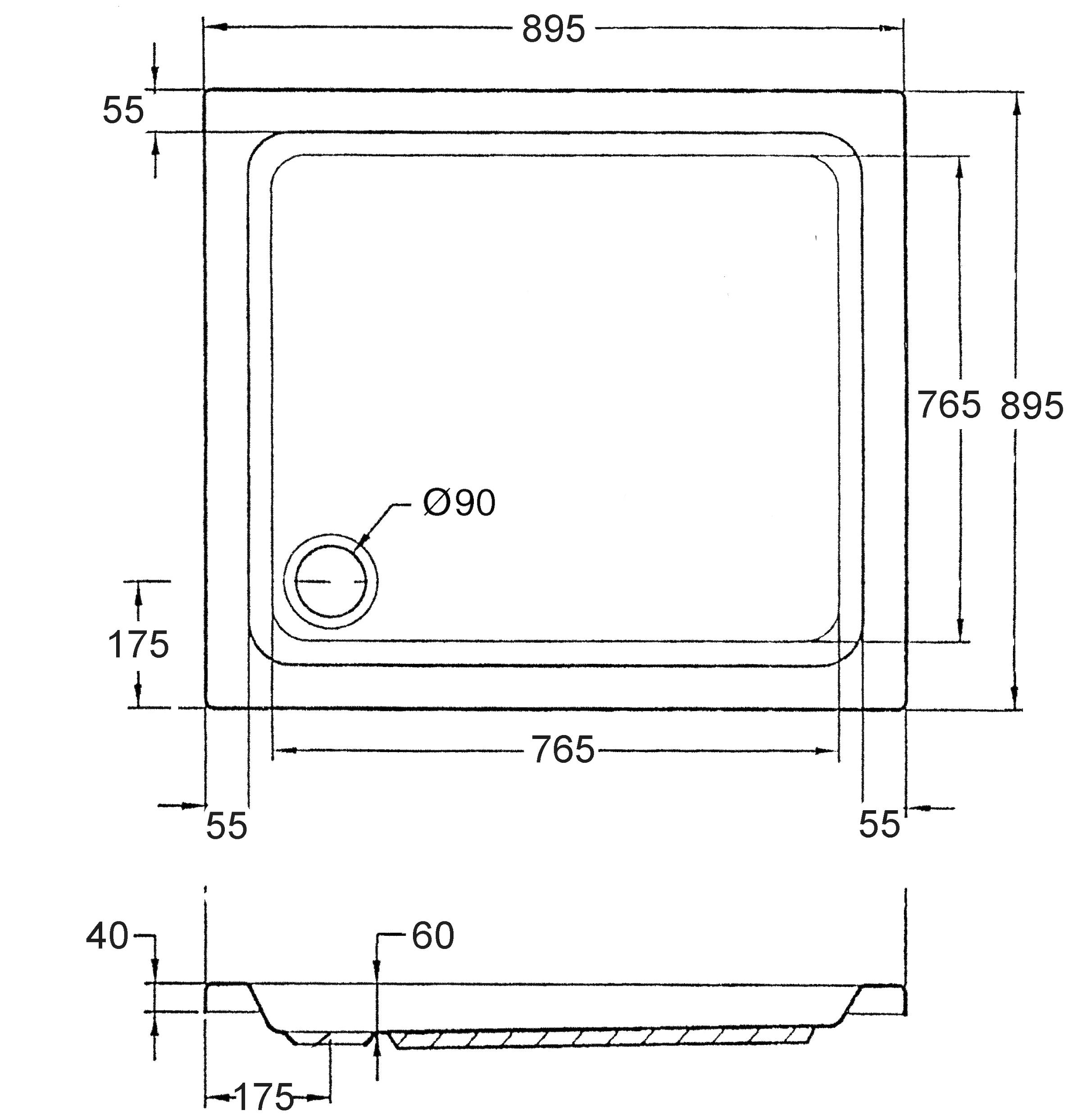 OTTOFOND Receveur de douche Ensemble,  90x90x6 cm, avec support de baignoire, garniture de vidange et bande d'étanchéité