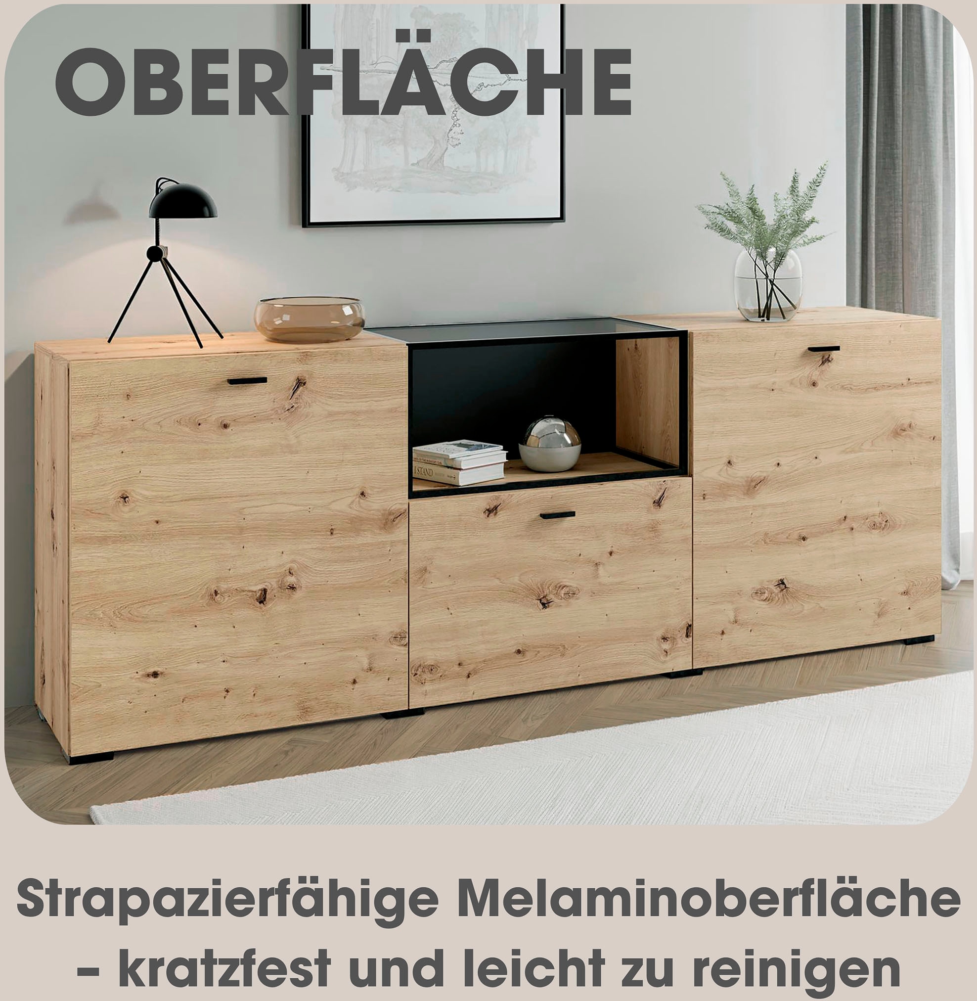 byLIVING Sideboard »Frame« 1 cuis tlg. moderne Kommode mit Metalleinsatz und Glasplatte, 200cm breit.