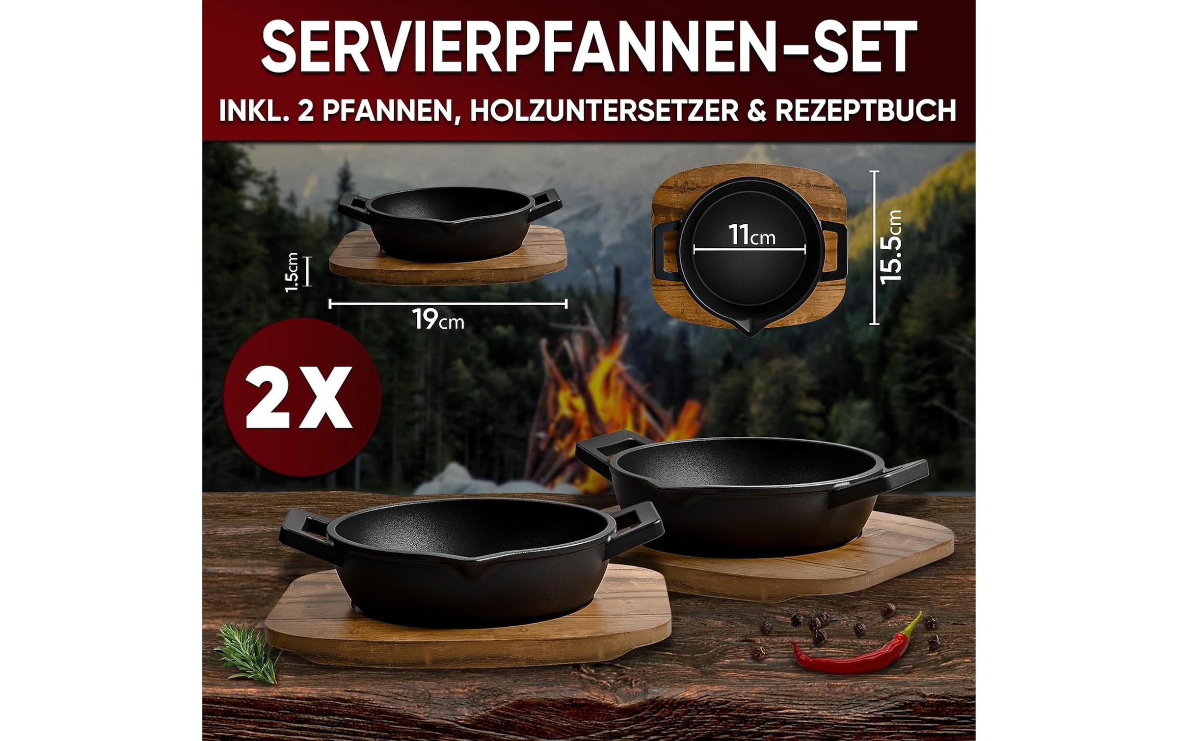   Grilltopf »Gusskoenig Mini Set mit Holzsockel« Gusseisen 4 Stk. tlg. Mini-Rundpfanne, 2er-Set + Holzsockel