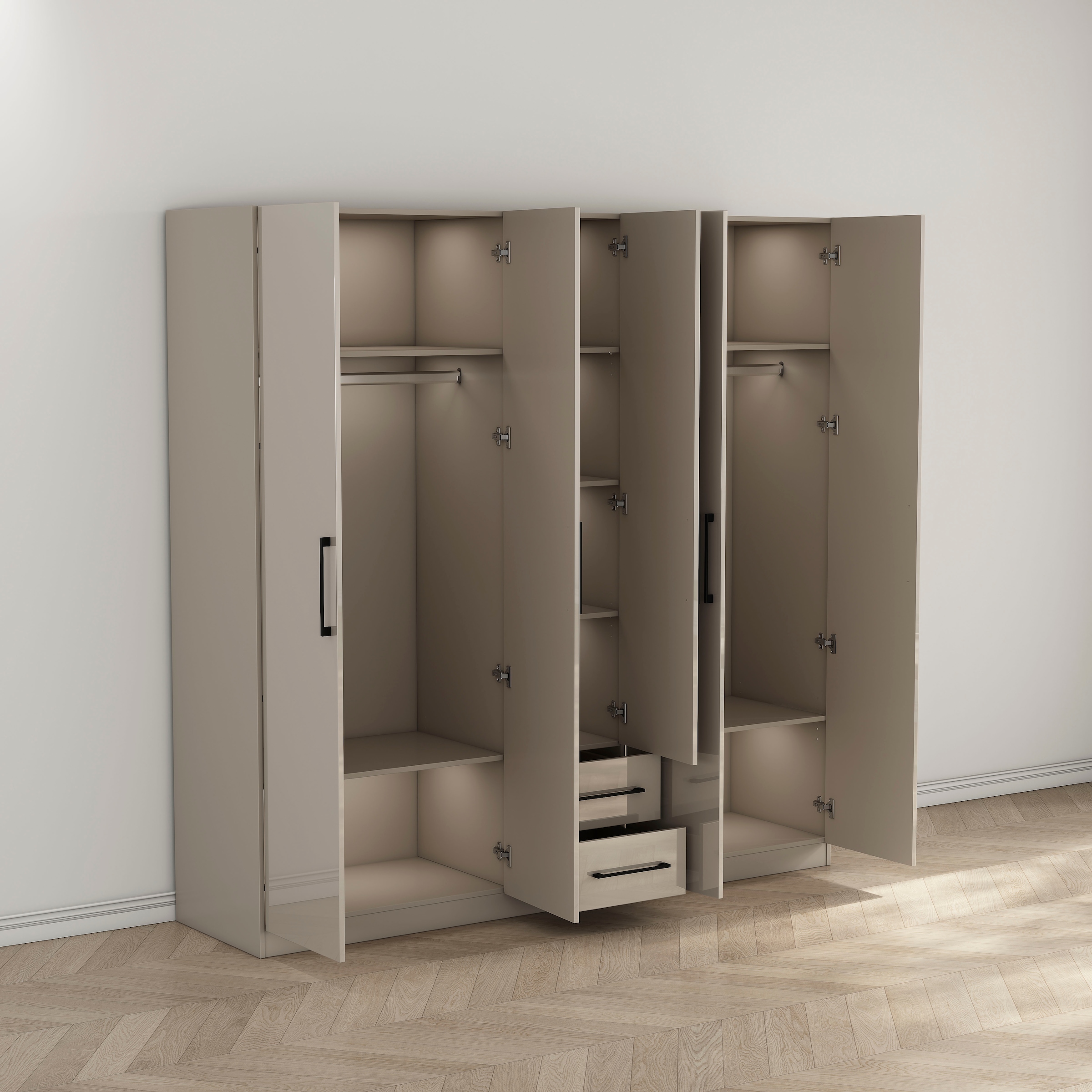 GOODproduct Armoires à vêtements »Sylt Schlafzimmerschrank Garderobe Schrank  in hochglanz weiss« 5 portes, 2 tiroirs, poignées noires modernes, 7 étagères,  Armoire à portes tournantes avec aménagement intérieur parfait, largeur 200cm
