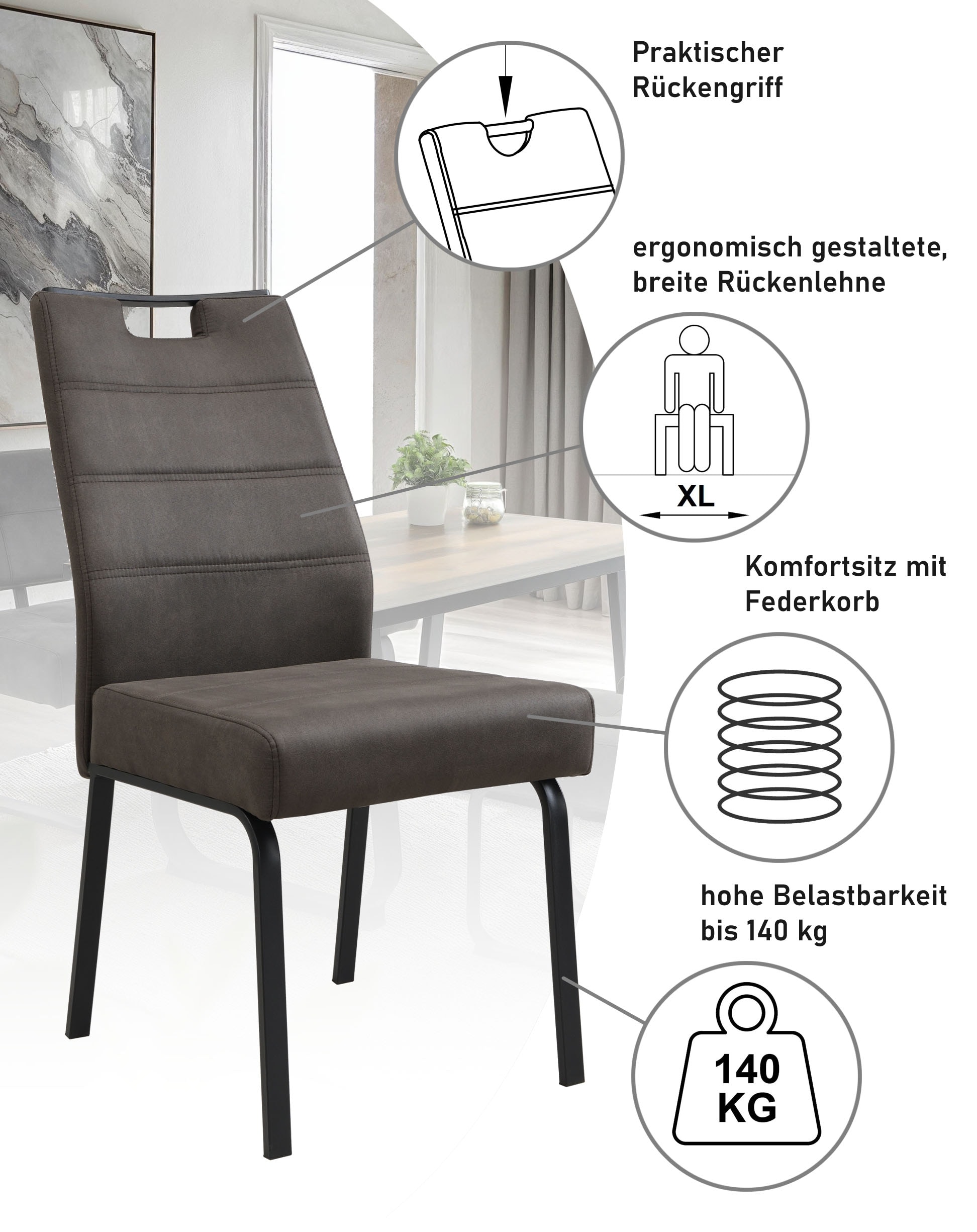 HELA Chaise à 4 pieds »ELVAS« () 1 cuislargeur d'assise XL, avec ressorts, charge max 140kg, look vintage