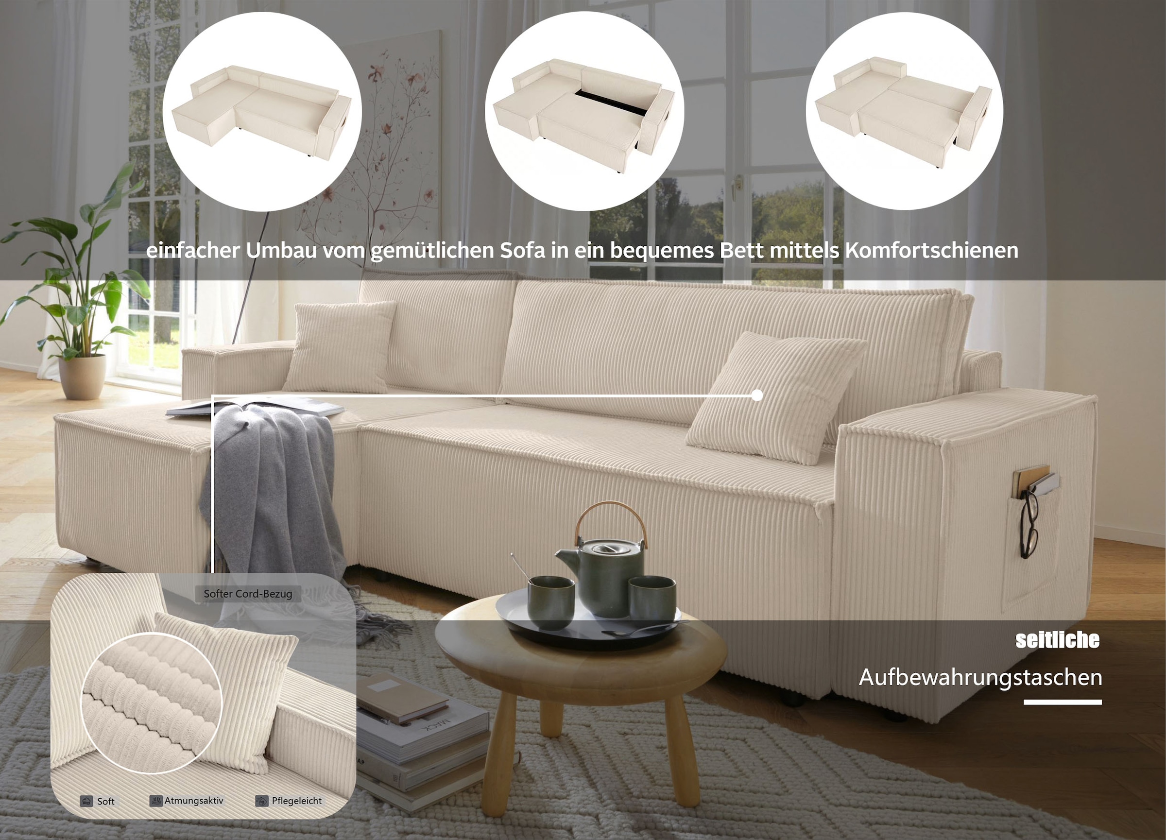 GOODproduct Ecksofa »CASSI L-Form, 241cm - OTTO. Verlässliche Qualität.« Schlaffunktion (133/200), Boxspring, Bettkasten, Cord, Unser Tiefpreis