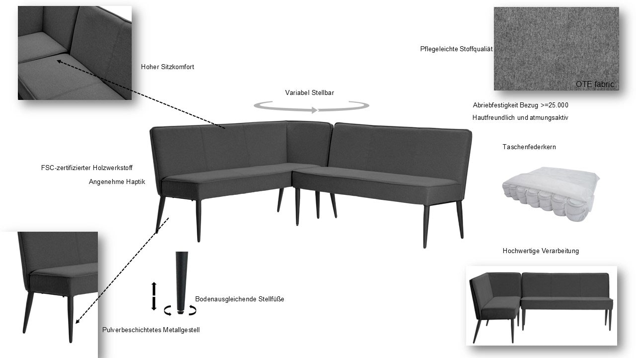 GOODproduct Banc d'angle »Lenzrose,« Esszimmerbank, Bank,,  mit Taschenfederkern, schwarzes Metallgestell, Breite 202 cm