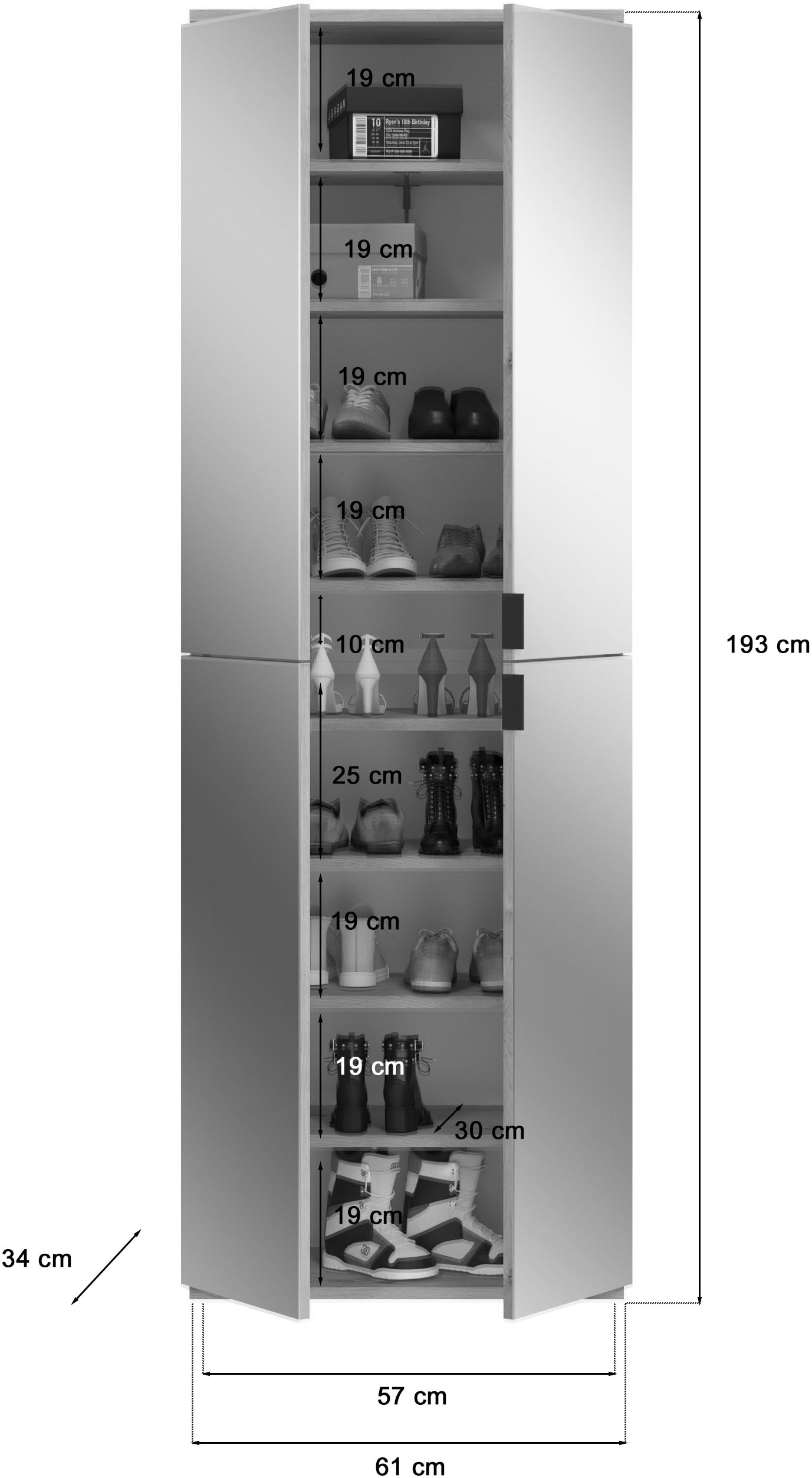 Home affaire Schuhschrank »Trondheim, Höhe 193 cm, 4 Spiegeltüren, 9 Fächer, 7 Einlegeböden« inkl. ausziehbarer Kleiderstange, Garderobenschrank, Kleiderschrank