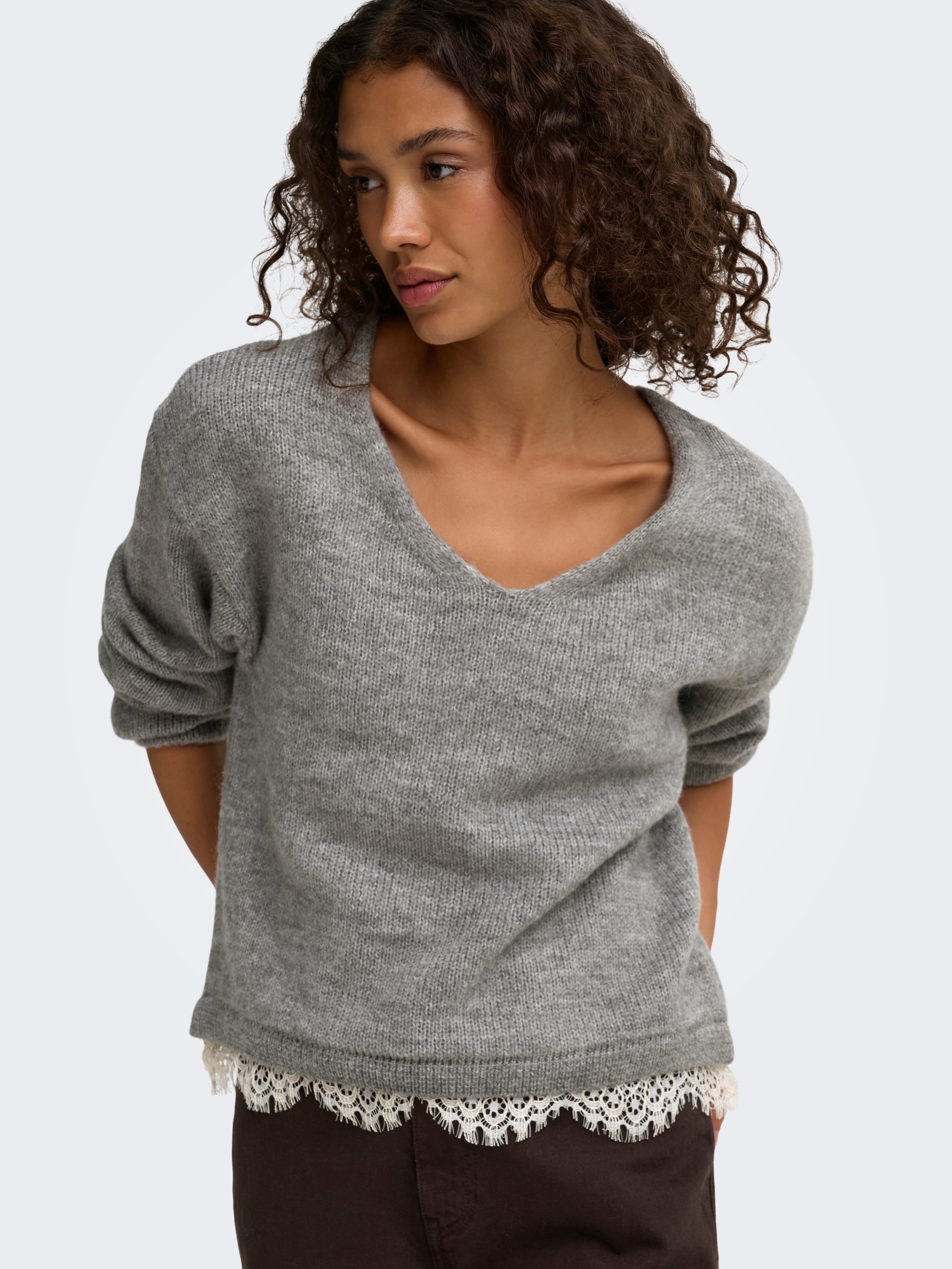 JDY Pull en tricot »JDYSTEPHANIE L/S V-NECK LACE PULL KNT« mélange de matériaux