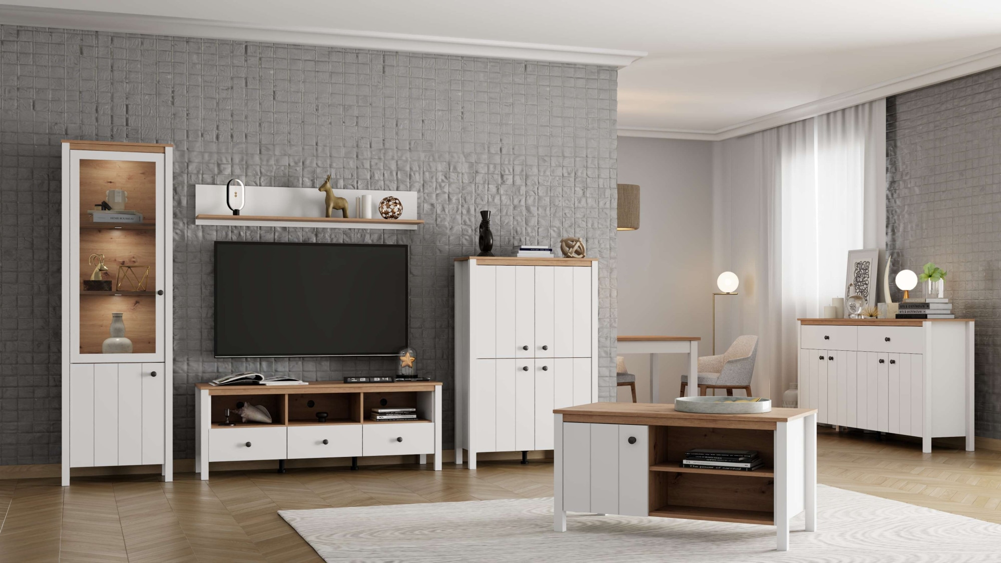 Home affaire Vitrines »BEDFORD Vitrinenschrank, Glasschrank, Standvitrine, Highboard« Profil MDF 2D revêtu, estampage à chaud, chants ABS 1 mm, 4 tablettes