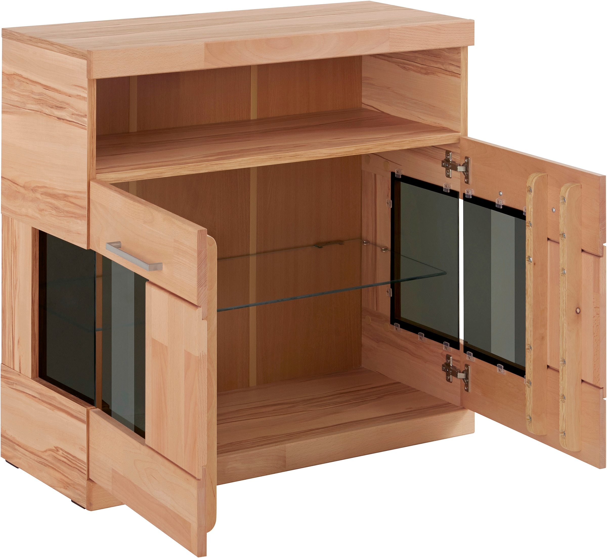 GOODproduct Kommode »Ribe 85cm breit,35 cm tief, Fronten Massivholz,2 Türen mit Glaseinsatz« Holz massiv, Holzwerkstoff,3 breite Fächer