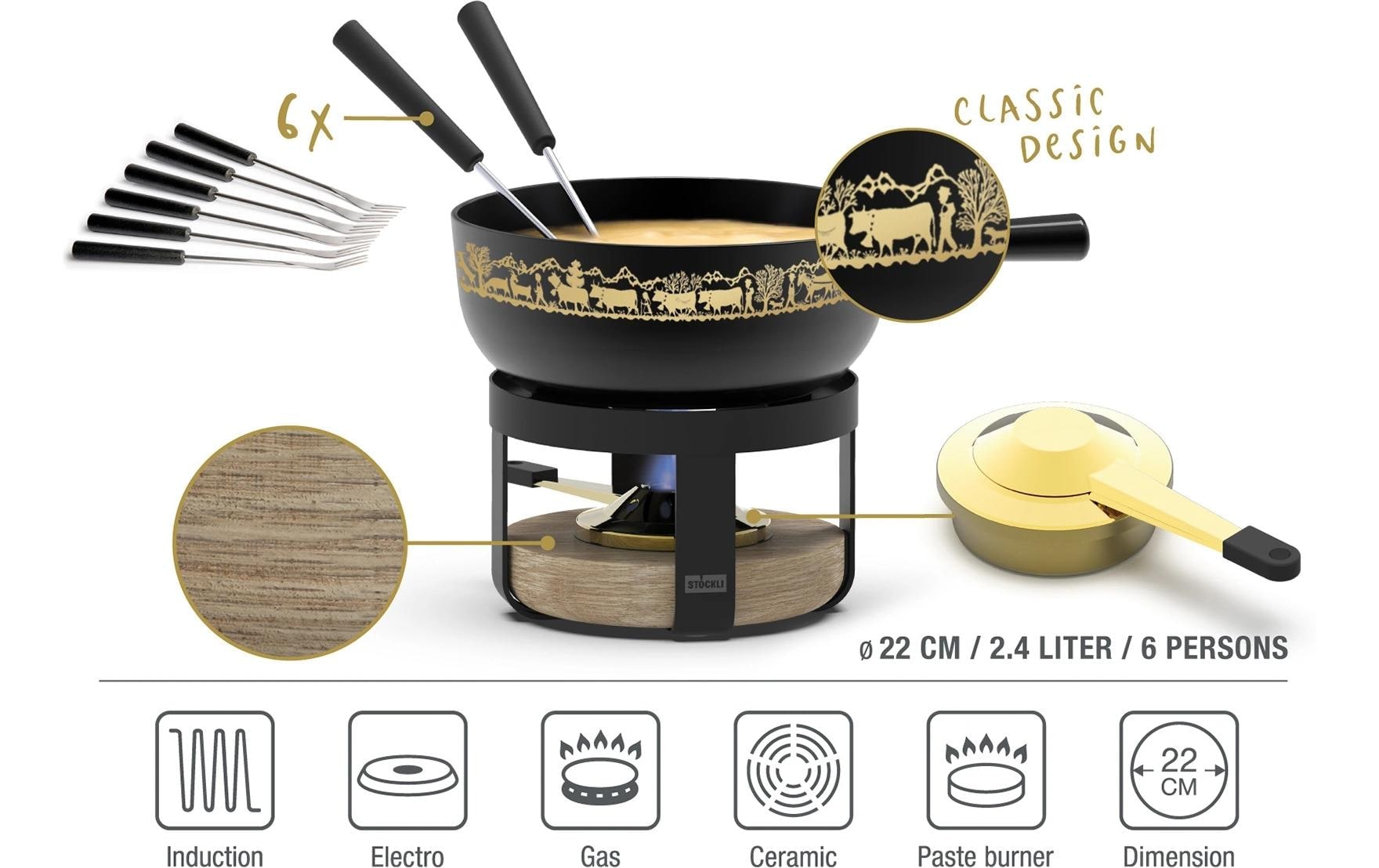 Stöckli Fondue »Pilatus 8 Teile« Traditionelles Gusseisen-Fondue-Set mit Alp-Dekor und Holz-Rechaud