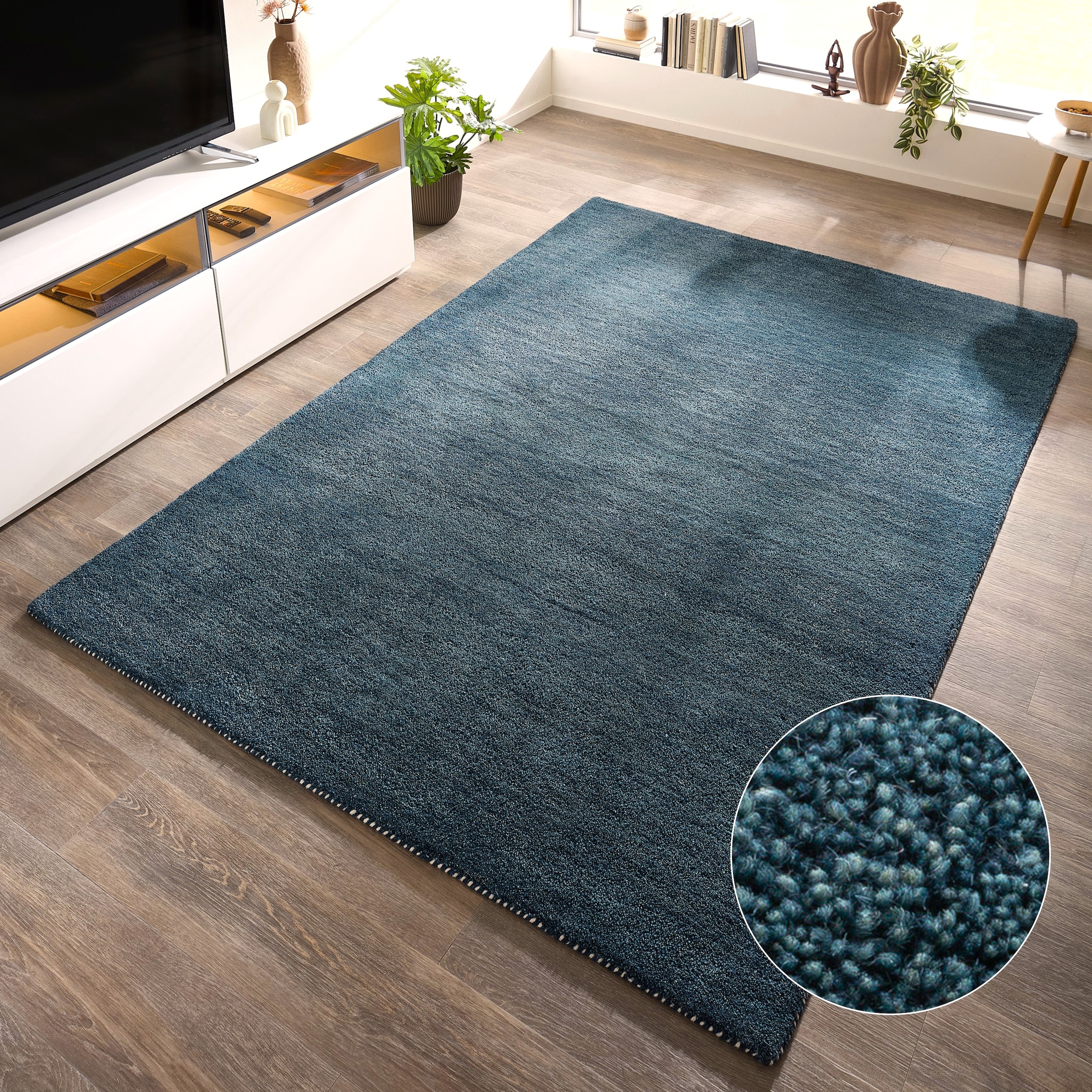 THEKO Tapis en laine »Gabbeh Uni, Handgefertigt, meliert, auch als Läufer erhältlich, Wolle« Rectangulaire 14 mm Höhe chambre, salon, salle à manger, aussi en coureur ou rond