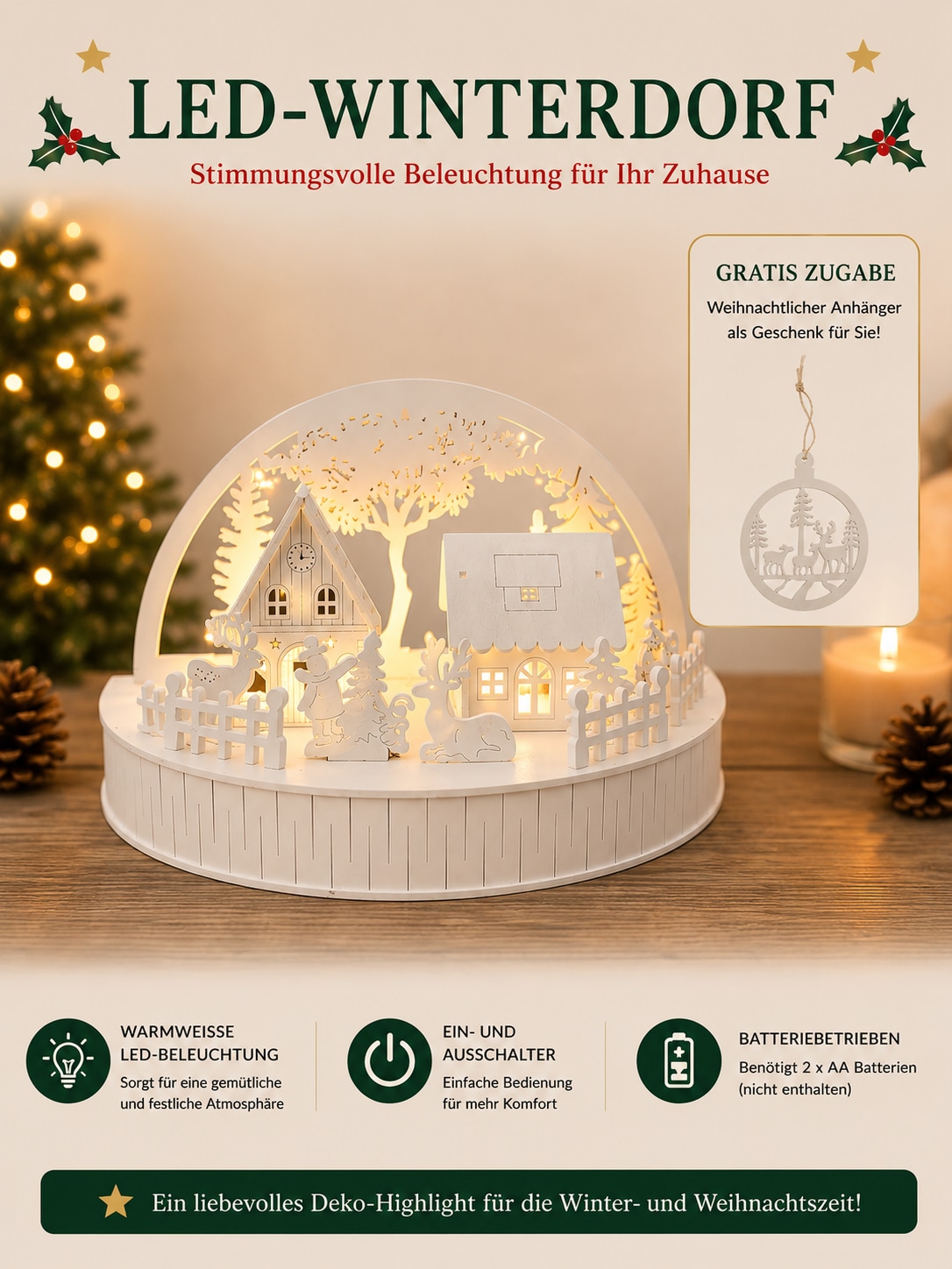 GOODproduct Weihnachtsdorf »Weihnachtsszene mit LED-Licht« Holz, weisses Dorf mit Häusern und Rentieren