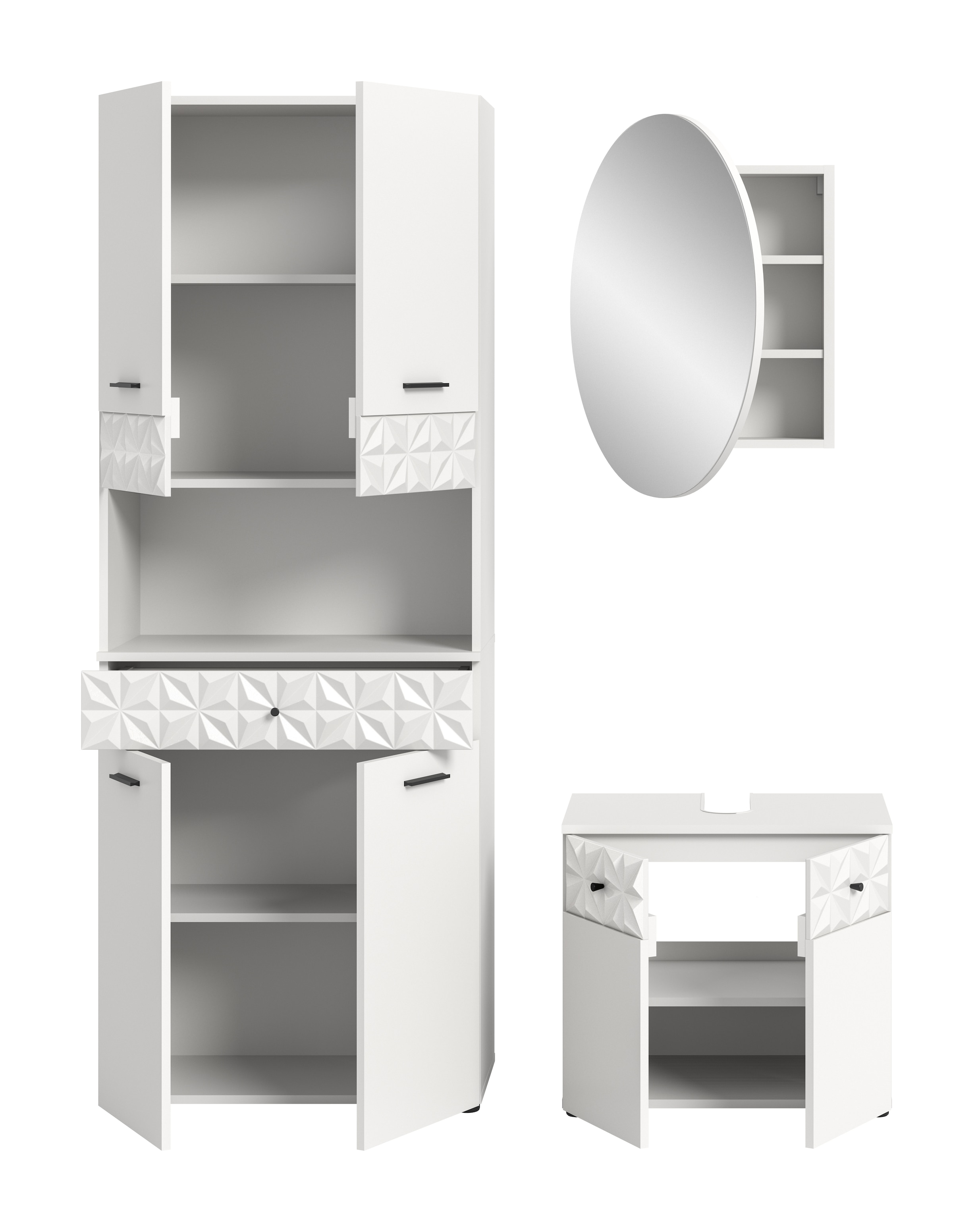 INOSIGN Badezimmer-Set »VICENZA, TOPSELLER!, Breite 145cm, 3-teilig, mit Ornamentabsetzung« best. aus: Hochschrank, Waschbeckenunterschrank und Spiegelschrank, 