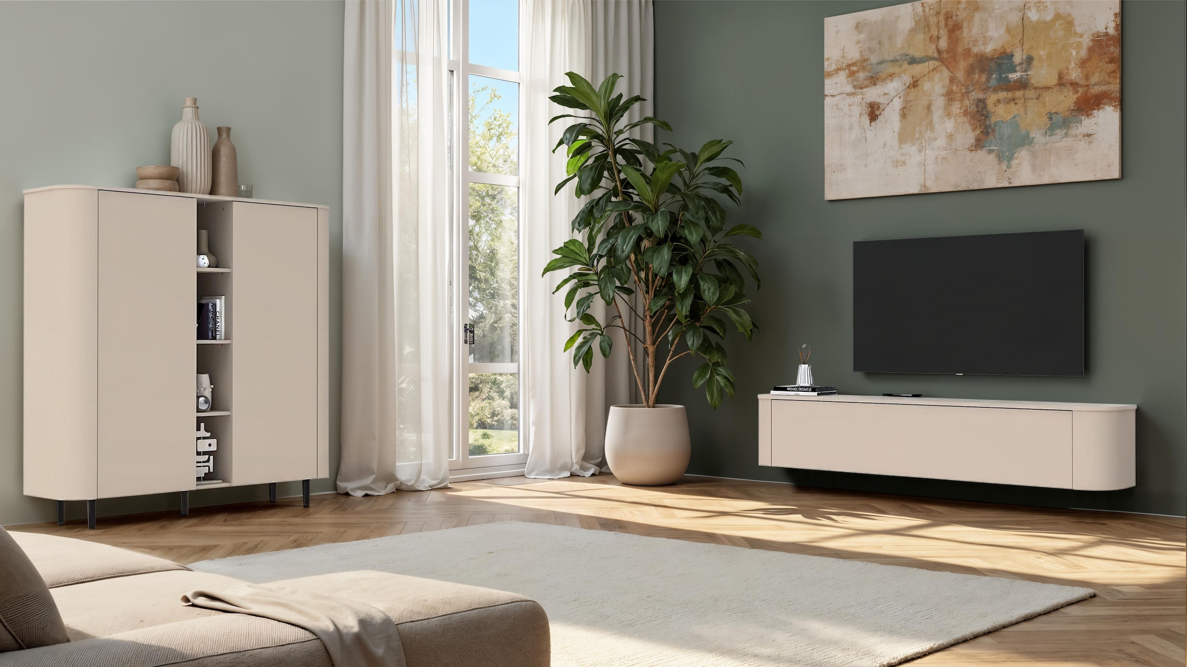 GOODproduct Buffet haut »Lido, B/H 150/154 cm, 2 Türen, 4 offene Fächer, Stauraumschrank« Formgebogenes MDF, Stirnseiten mit Rundung, Push-to-open, Metallfüsse