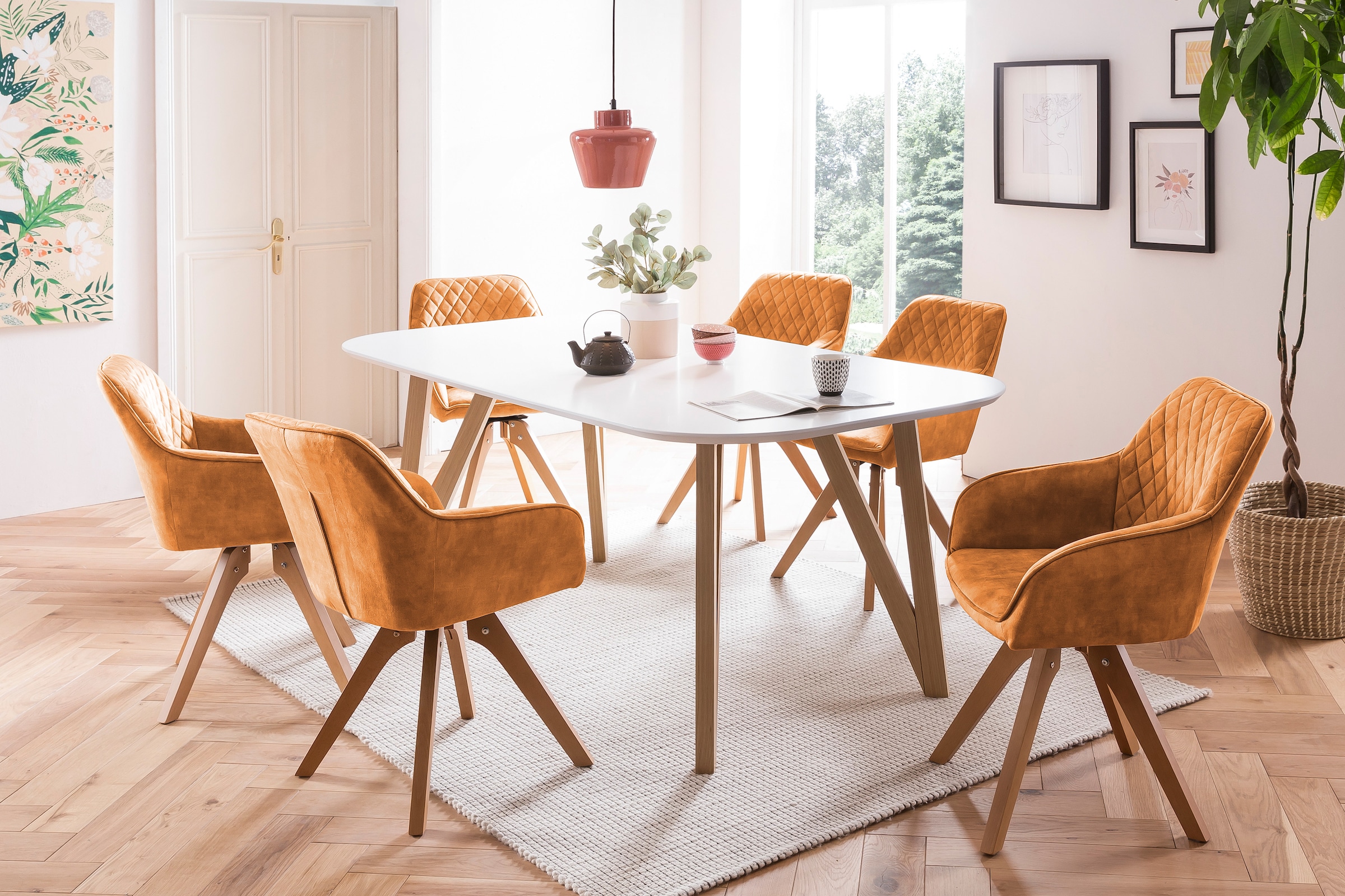 SalesFever Essgruppe »Eleganter Tisch inkl. Stühle« 5-teilige Samtverlours-Sitzgruppe, drehbare Stühle, 180cm Tischbreite