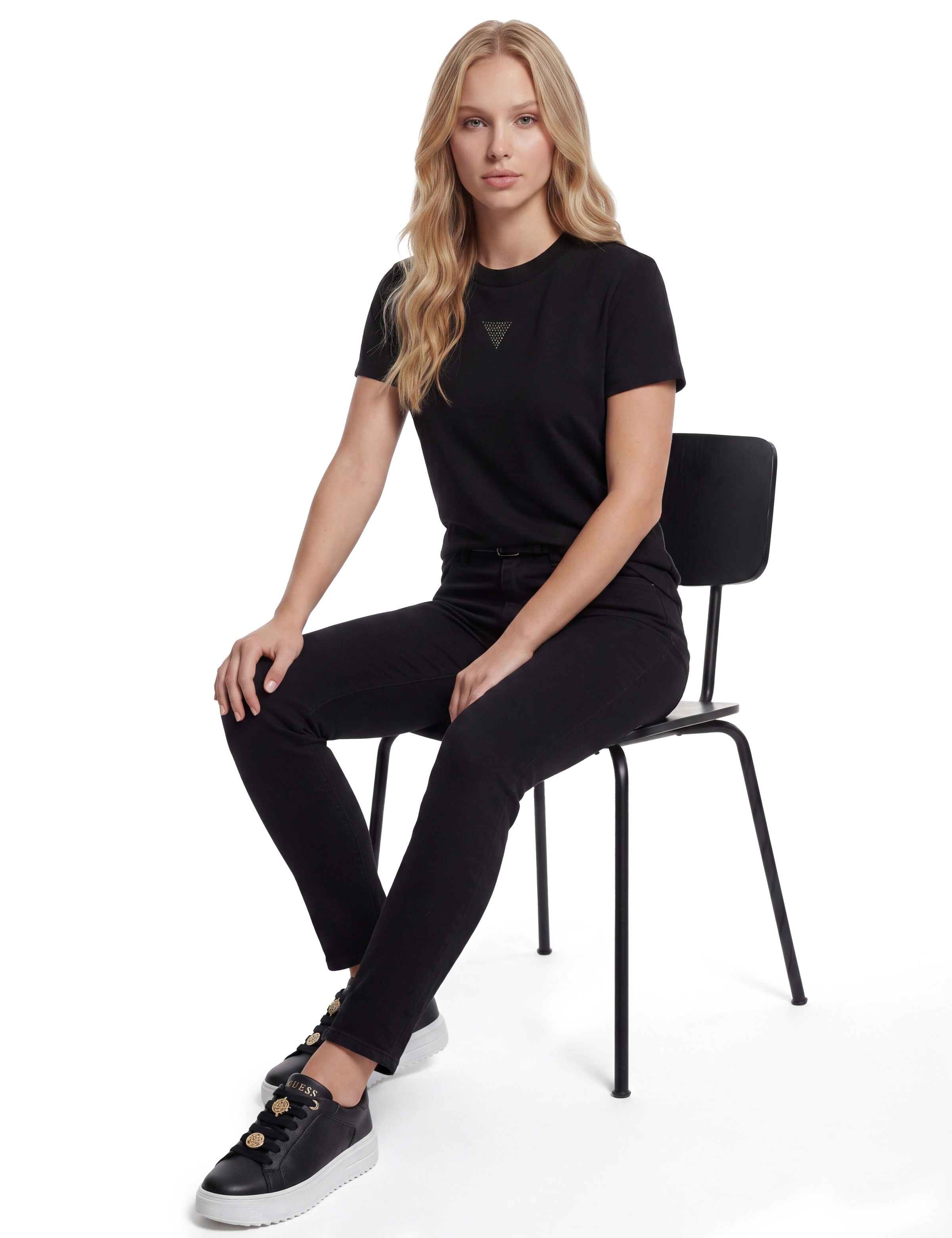 Guess Stehkragenshirt »SS LICIA MOCK NK TOP« mit Strass-Logo, Viskosemix