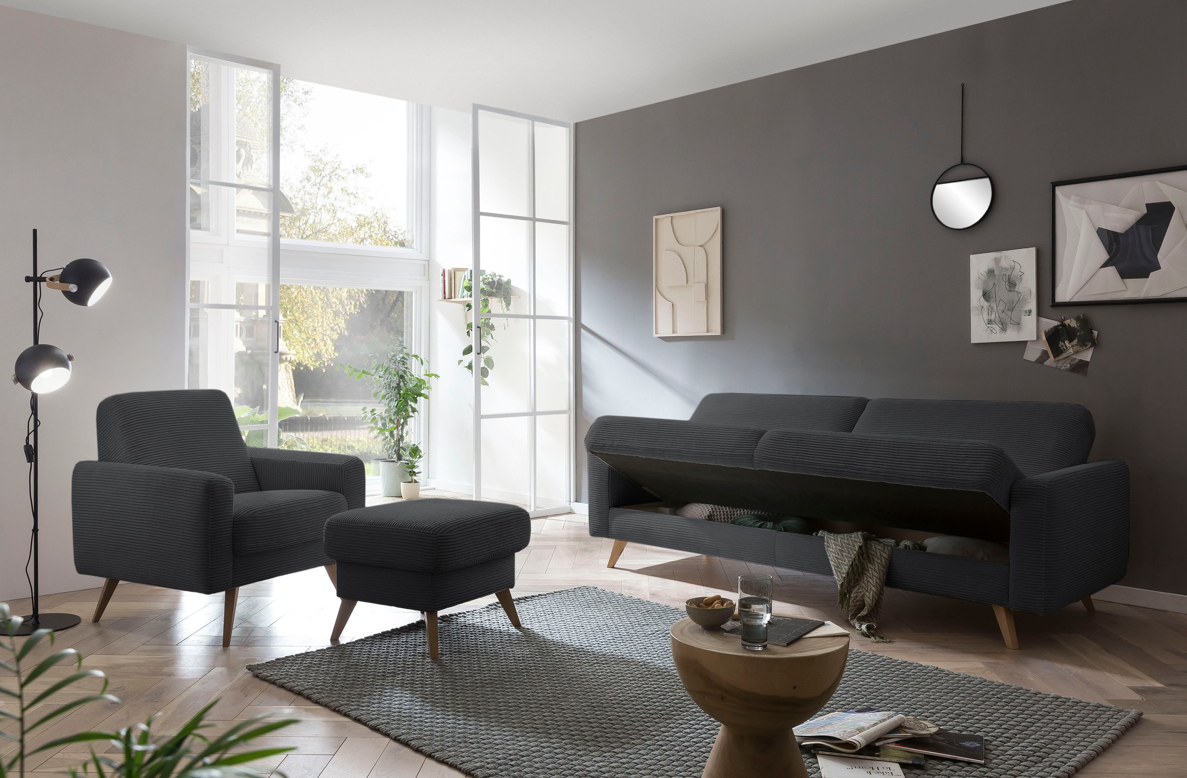 exxpo - sofa fashion 3-places »Samso, elegant und bequem, aktueller Cord Bezug, Kippcouch« hochwertige Verarbeitung, Schlafsofa inkl. Bettfunktion und Bettkasten