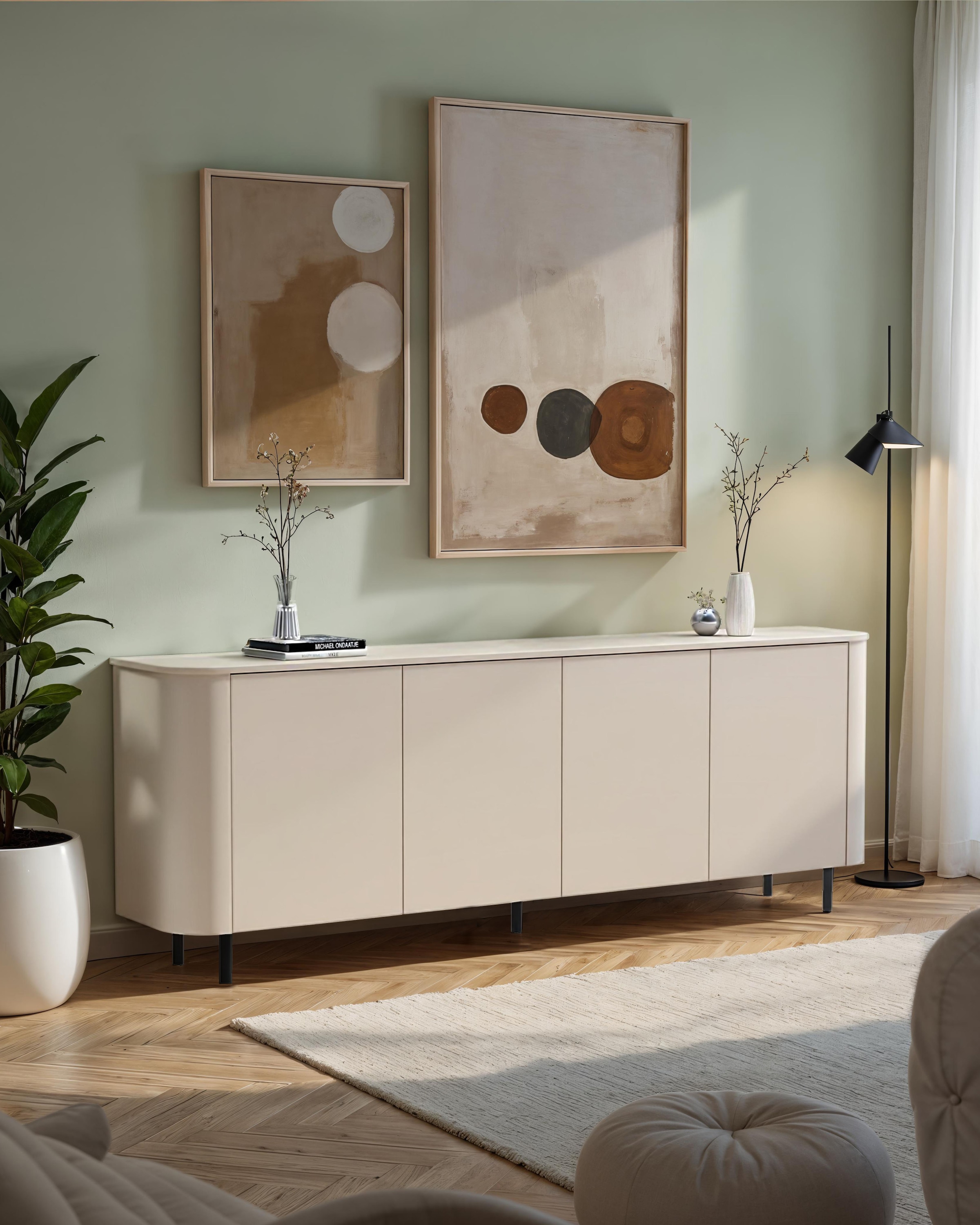 GOODproduct Sideboard »Lido, 231 cm breit, 4 Türen, Anrichte, Kommode, Stauraumschrank« Formgebogenes MDF, Stirnseiten mit Rundung, Push-to-open, Metallfüsse