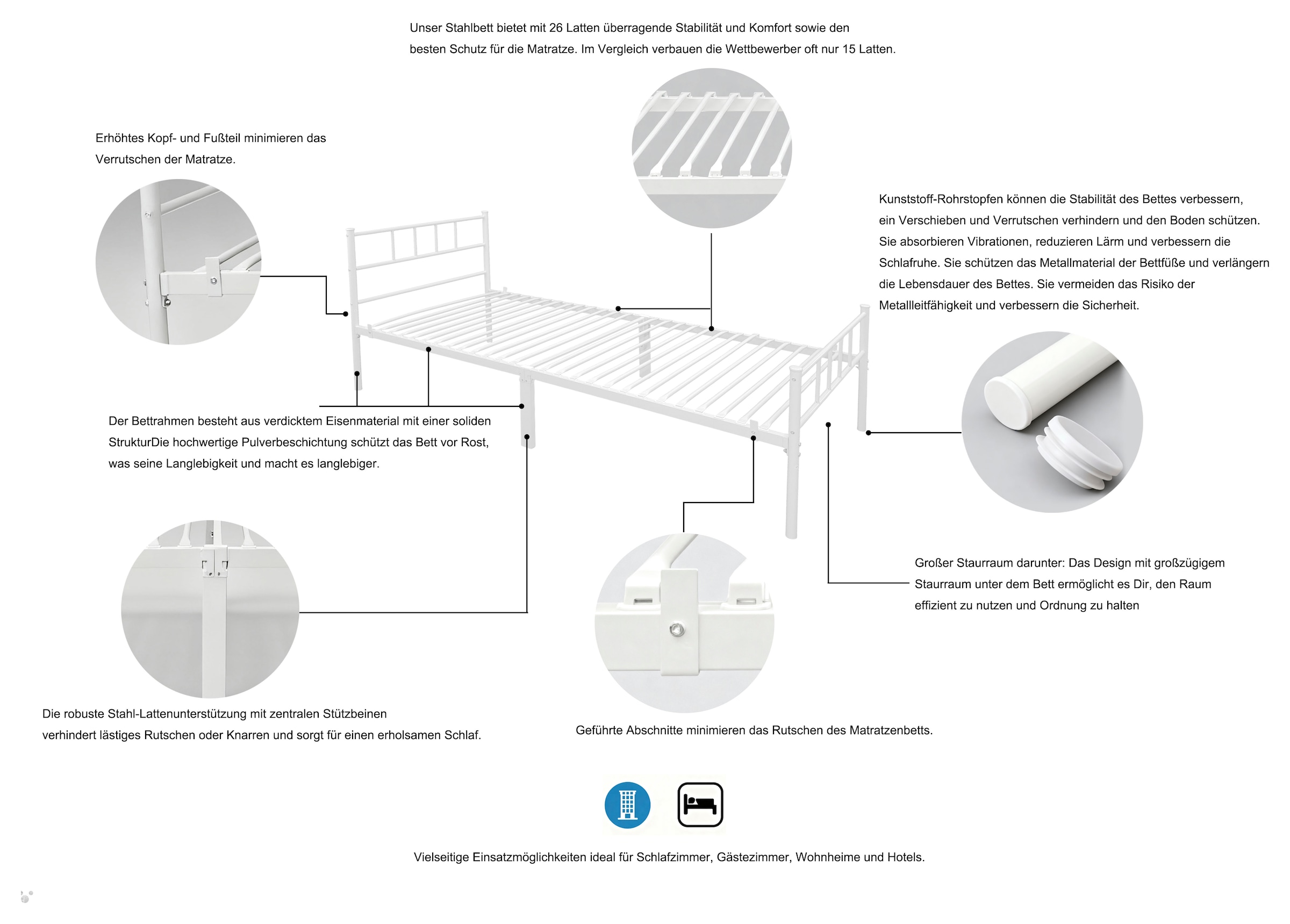 GOODproduct Metallbett »Amrum Bett Bettgestell Bettrahmen Einzelbett Doppelbett Stahlbett« 2m Länge und in 4 Breiten wählbar - 90, 140, 160, 180 cm,  Schlafzimmerbett inkl. 26 Lattenroste zum Schutz der Matratze