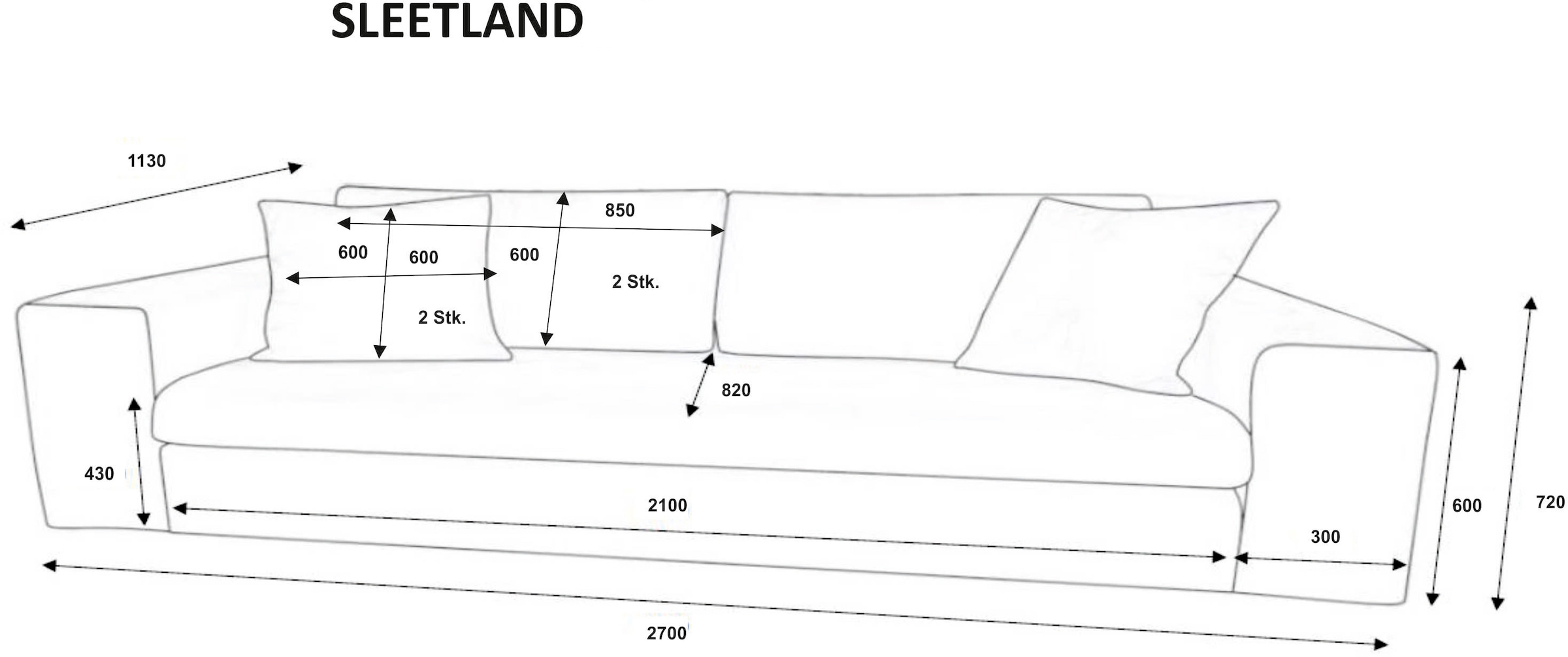 andas 3-Sitzer »SLEETLAND XXL in Samtvelours oder Vintage-Leder-Optik« besonders gross und bequem