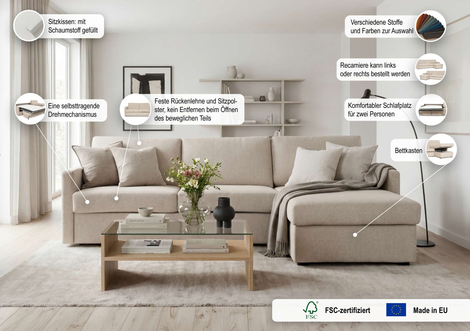 GOODproduct Schlafsofa »GOLDPOINT Ecksofa 264 cm, Liegefläche (140/200cm), L-Form« Bettfunktion, Bonell-Federkernmatratze und Dauerschläfer-Funktion