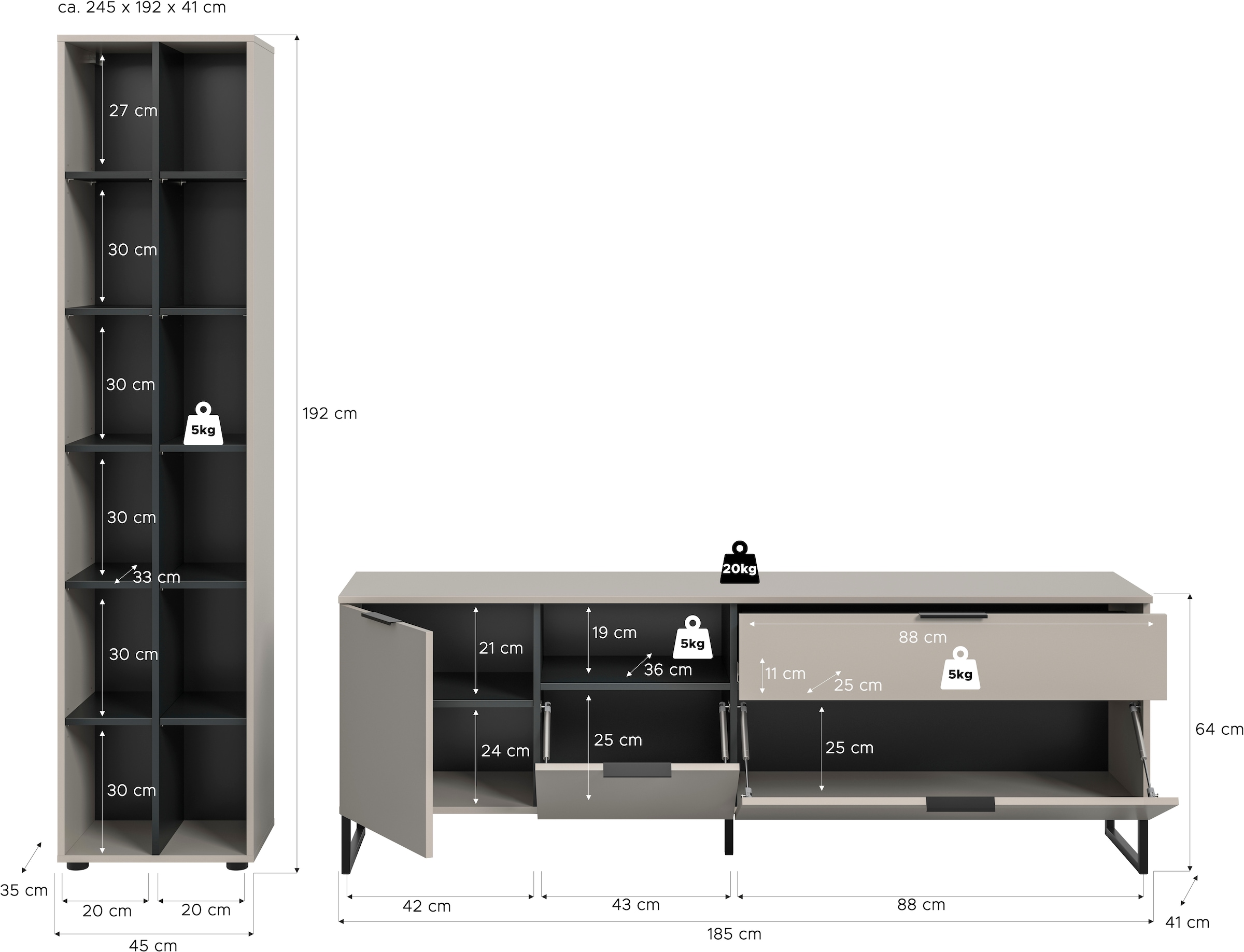 Home affaire Meuble mural »ADIO, Breite 245 cm, 2-teiliges Set, mit Metall-Kufenfüsse« Set, bestehend aus: Standregal und Lowboard, 2 cuis tlg.