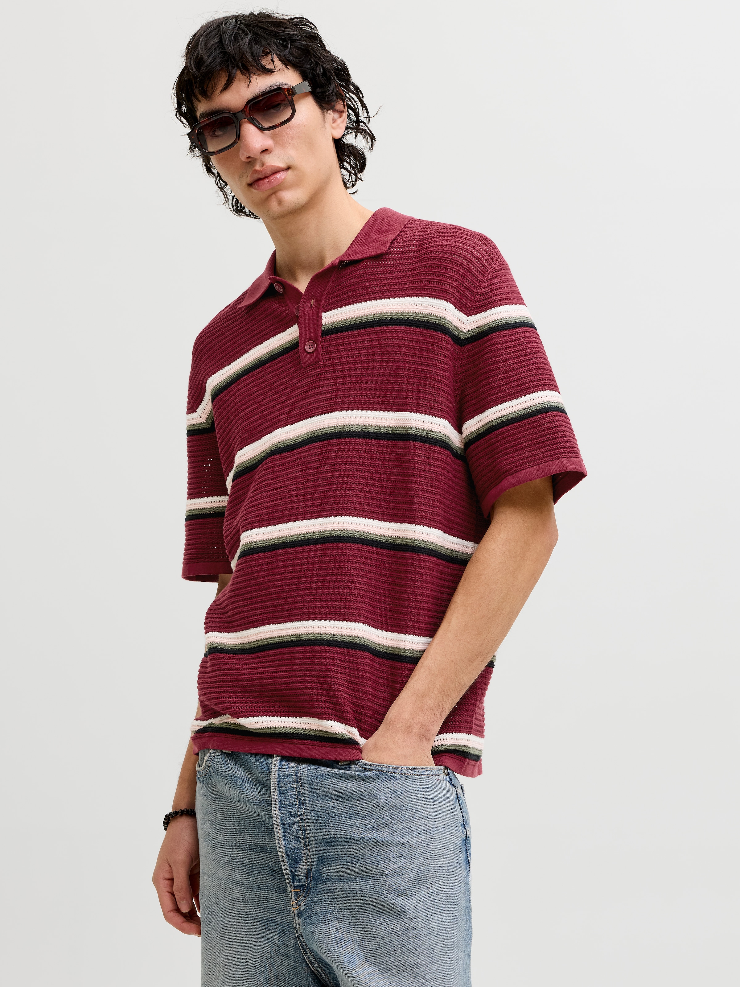 Jack & Jones Pull à col polo »JORMAINE KNIT STRIPE POLO SN« Baumwolle, relaxed fit