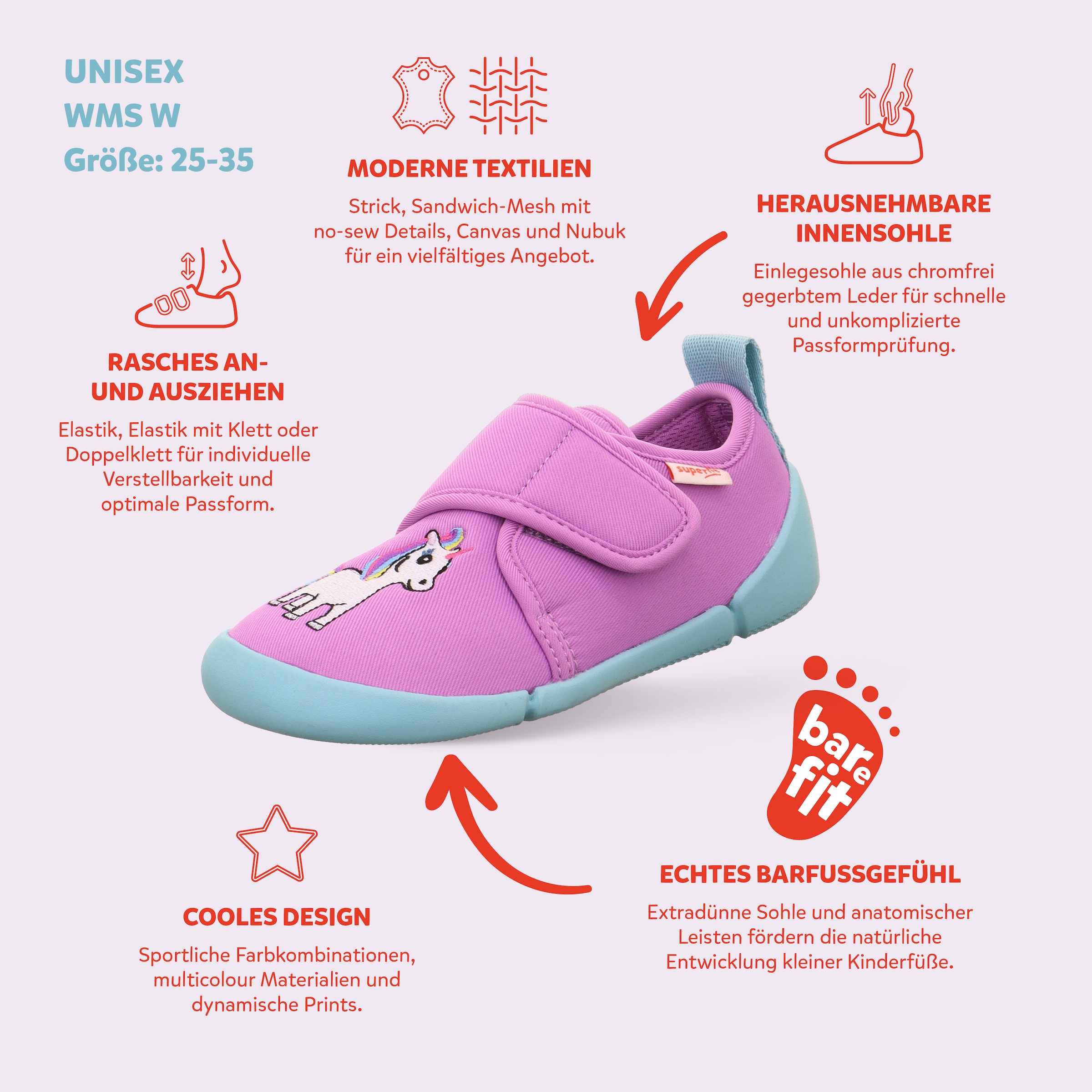 Superfit Chausson »VENTI WMS: Weit«  Chaussure pieds nus avec fermeture velcro, gabarit de taille à télécharger