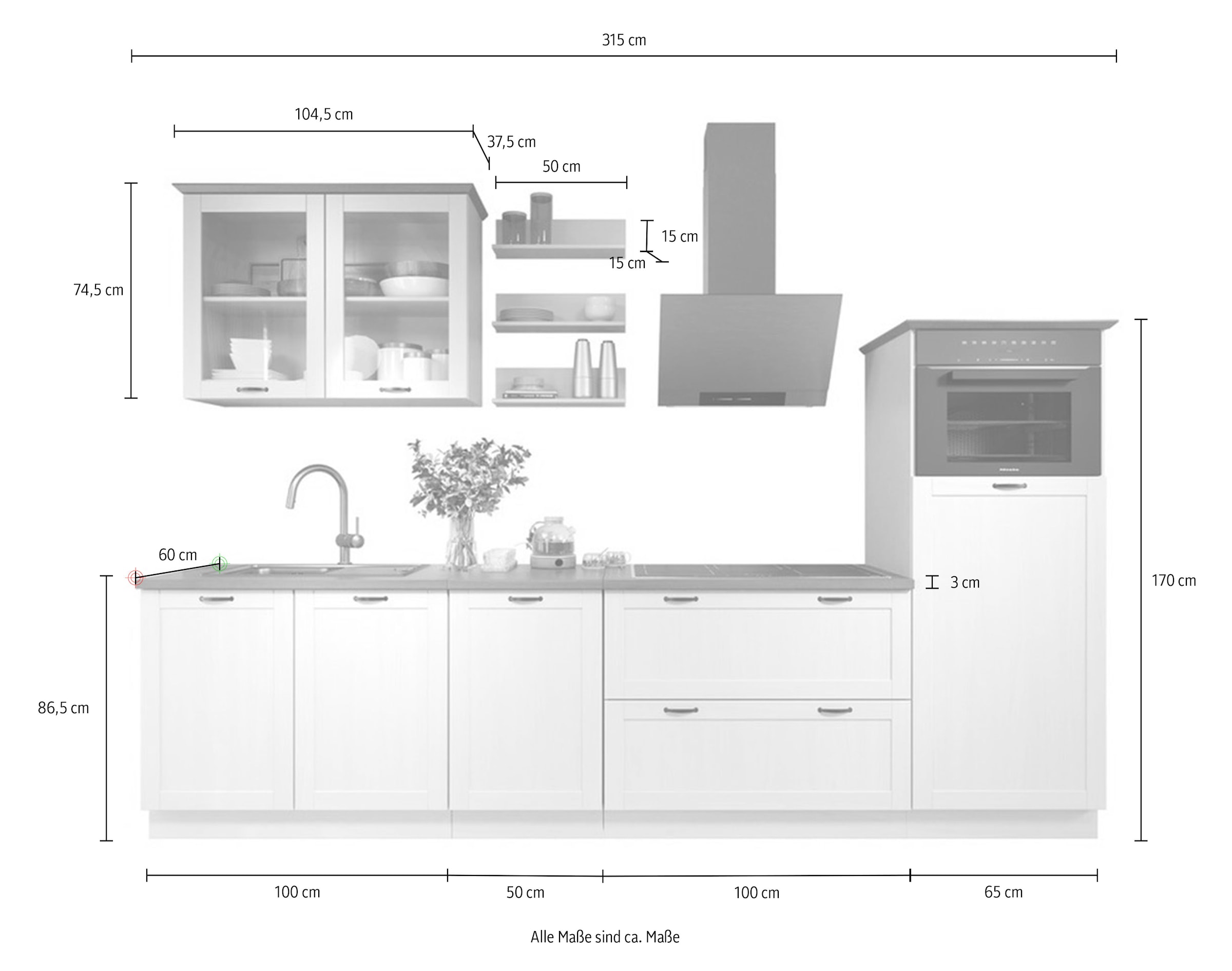 Home affaire Kitchenette »Teramo« Set, Kombinierbar mit anderen Möbelstücken der Serie Teramo,  Breite 315 cm, Kiefer massiv, mit Arbeitsplatte