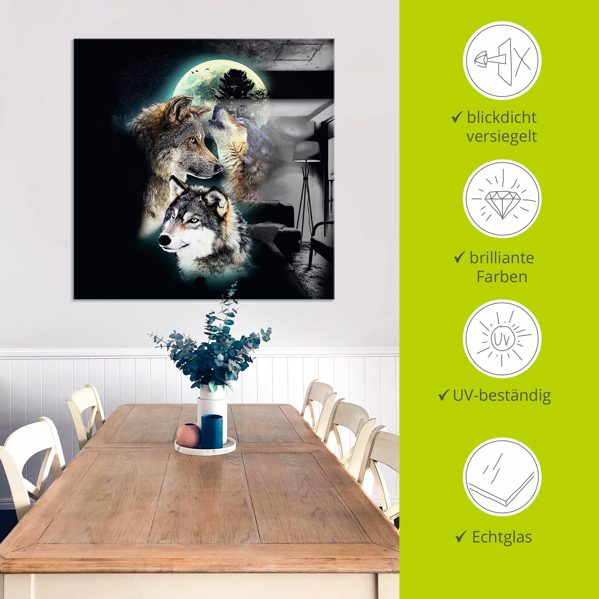Artland Glasbild »Phantasie Wolf Wölfe mit Mond« Wildtiere 1 Stk. tlg. in verschiedenen Grössen