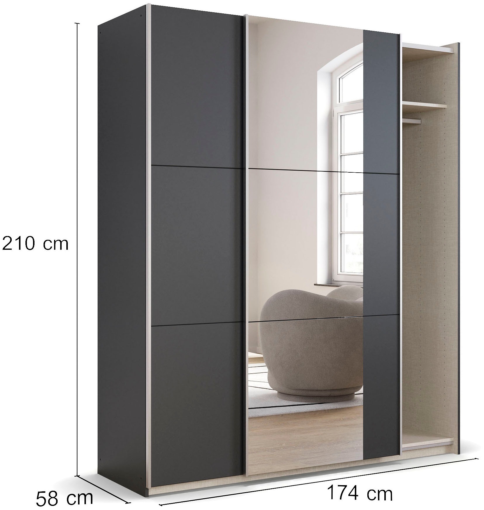 rauch Schwebetürenschrank »Kleiderschrank Drehtürenschrank Schrank Garderobe KRONACH« in 3 Ausstattungen BASIC/CLASSIC/PREMIUM, Breiten 131/175/218/261 cm,  optional ohne, mit 1 oder 2 Spiegel, viel Stauraum MADE IN GERMANY