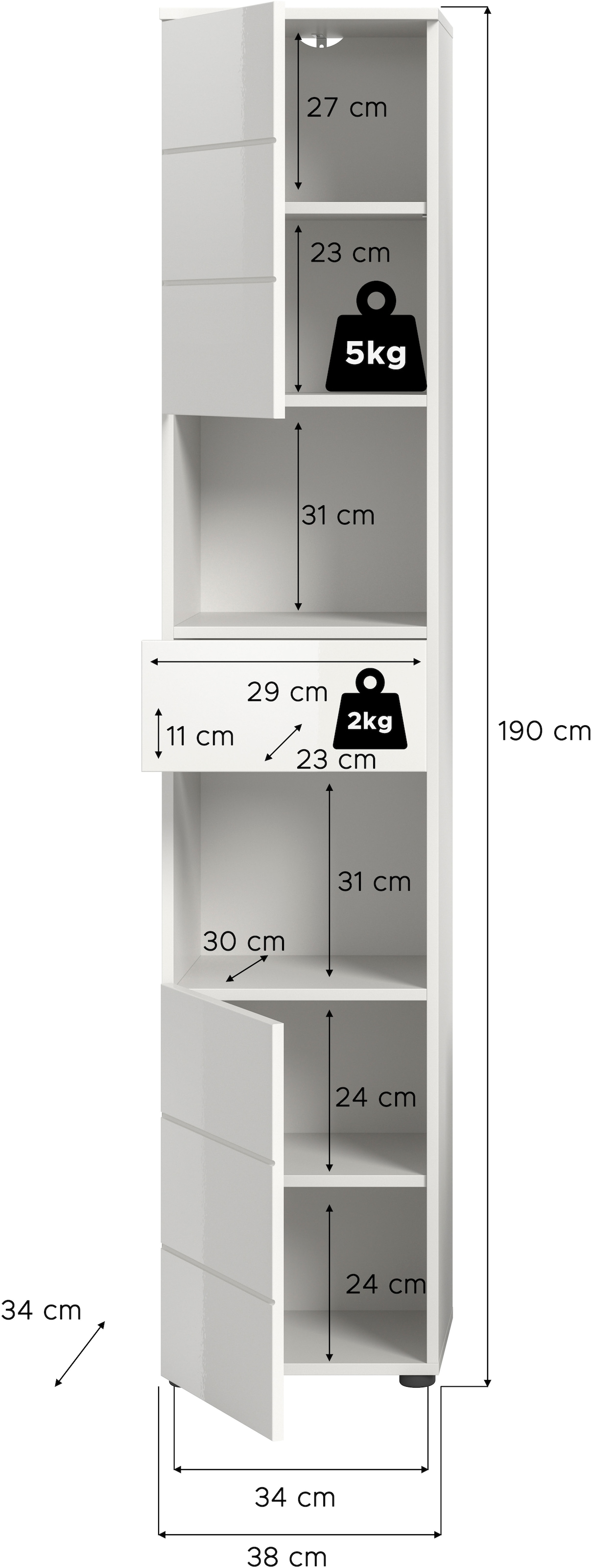 welltime Hochschrank »Biel, Höhe 190 cm, 2 Türen, 1 Schubkasten« 1 Stk. tlg. Türanschlag wechselbar, modernes Design, Badschrank, Unterschrank, Bad
