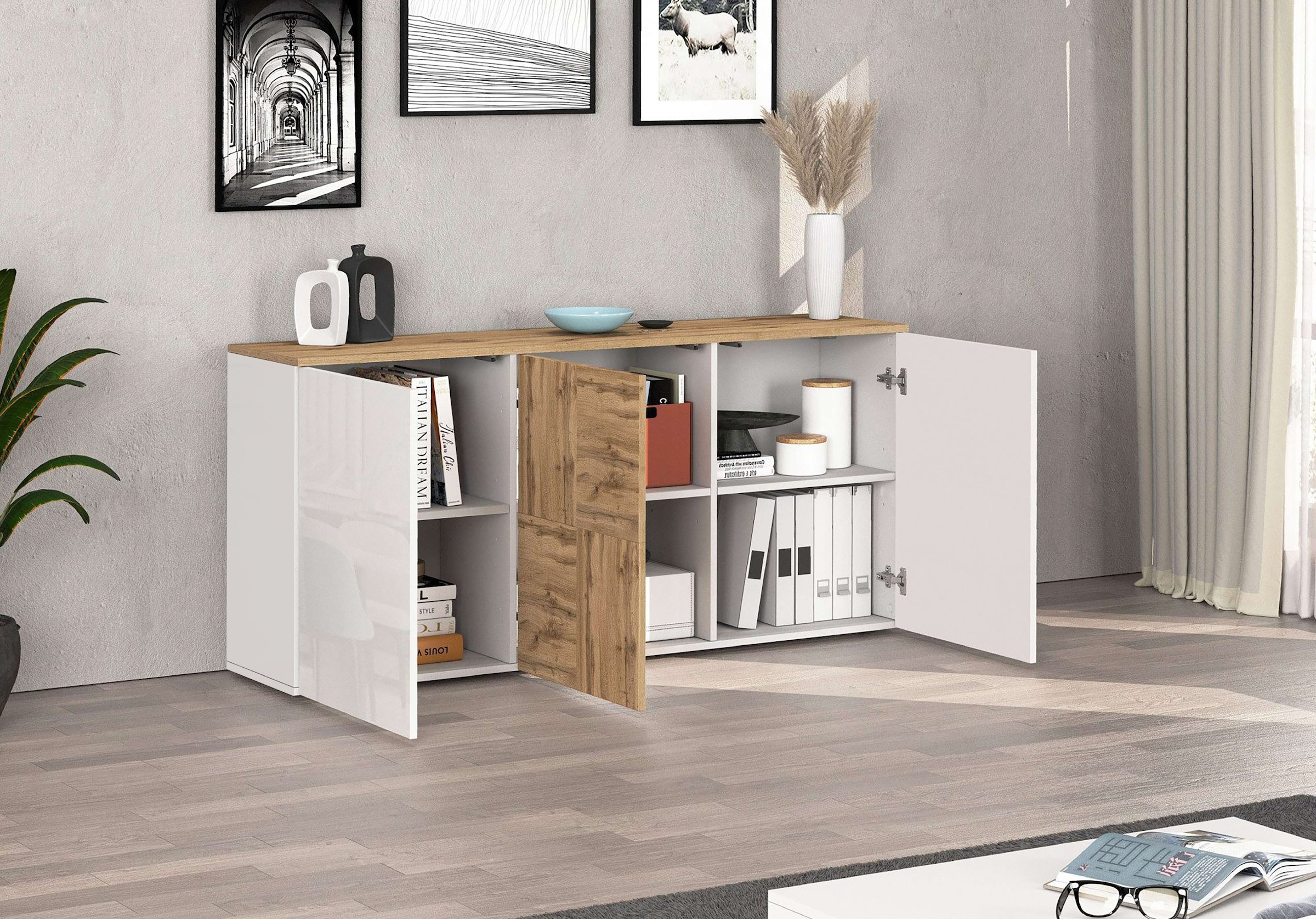 GOODproduct Sideboard »ISEO, Kommode, Schrank, Sideboard, Lowboard, 6 Fächer, Breite 150 cm« 1 Stk. tlg. stehend/hängend, 3 Türen Hochglanz lackiert, Made in Italy